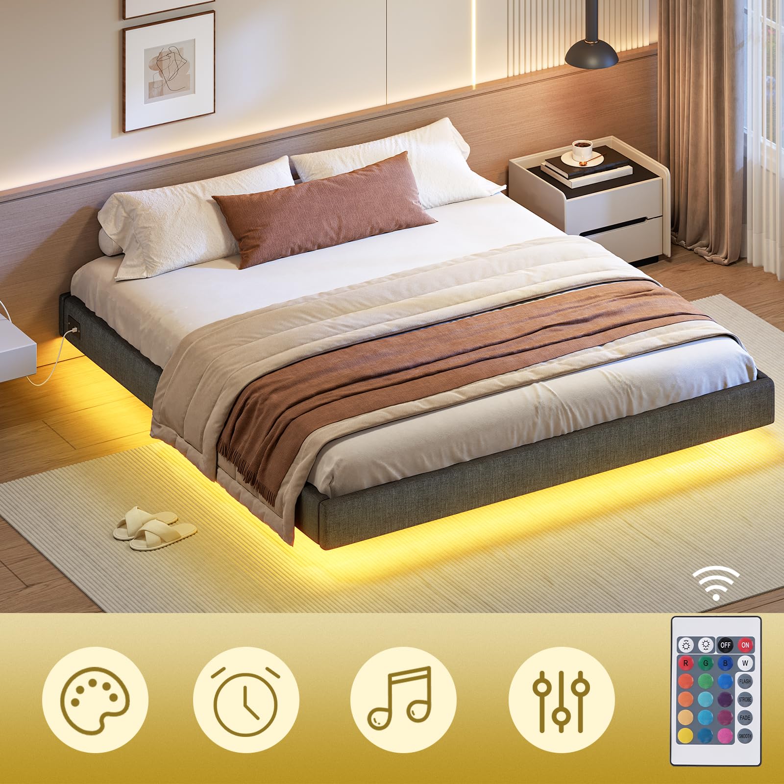 HOOBRO Bett 180 x 200 cm mit Ladestation und LED Beleuchtung, Gästebett, Bettgestell 180 x 200 cm, Bettrahmen, Doppelbett, Einfache Montage, für Schlafzimmer, Gästezimme, Dunkelgrau EGYZ014CDBF01