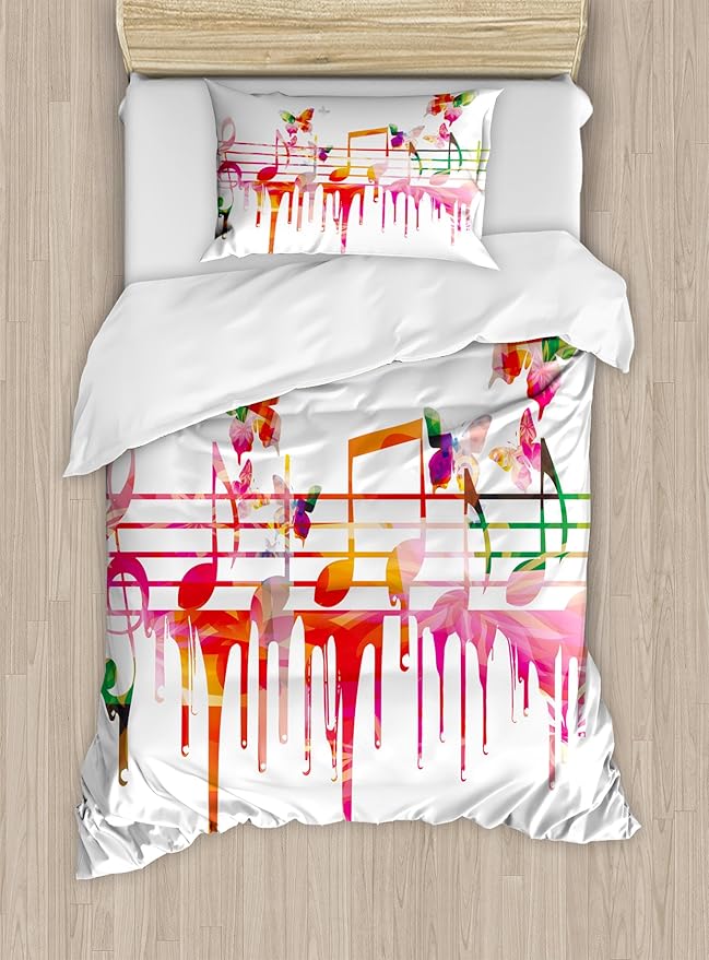 Ambesonne Music Duvet Cover Set, Colorful Artwork Music Notes Clef Signs Composer Orchestra with Classical Design, Decorative 2 Piece Bedding Set with 1 Pillow Sham, Twin Size, Orange Pink