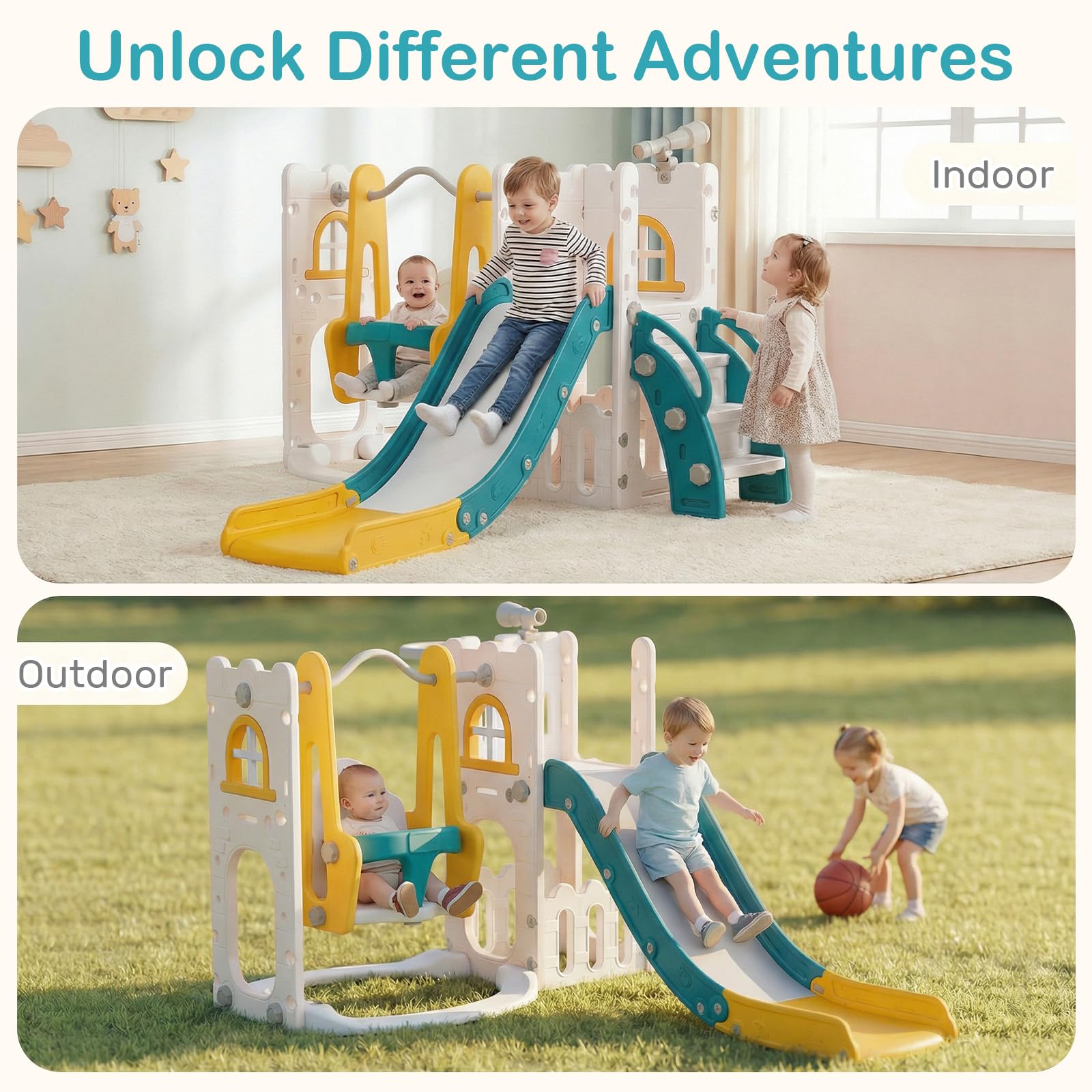 OLAKIDS Toddler Slide and Swing Set, 7 in 1 Kids Indoor Outdoor Playground with Telescope Toy Storage, Climber Basketball Hoop, Ideal Gift for Girls Boys Aged 1+ (Yellow) — view 2