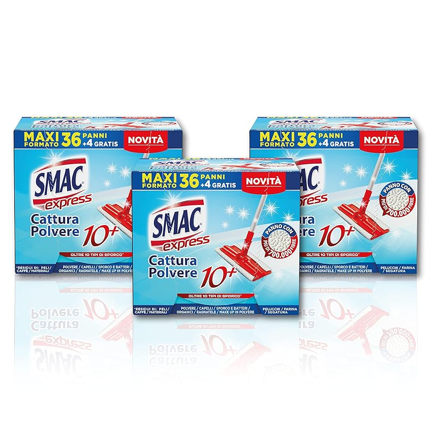 Smac Express - Panni Cattura Polvere 10+, Compatibili con Ogni Scopa, 120 Panni, Cattura Polvere, Sporco e Batteri, Adatti a Tutti i Pavimenti e Superfici, 40 Pezzi x 3 Confezioni