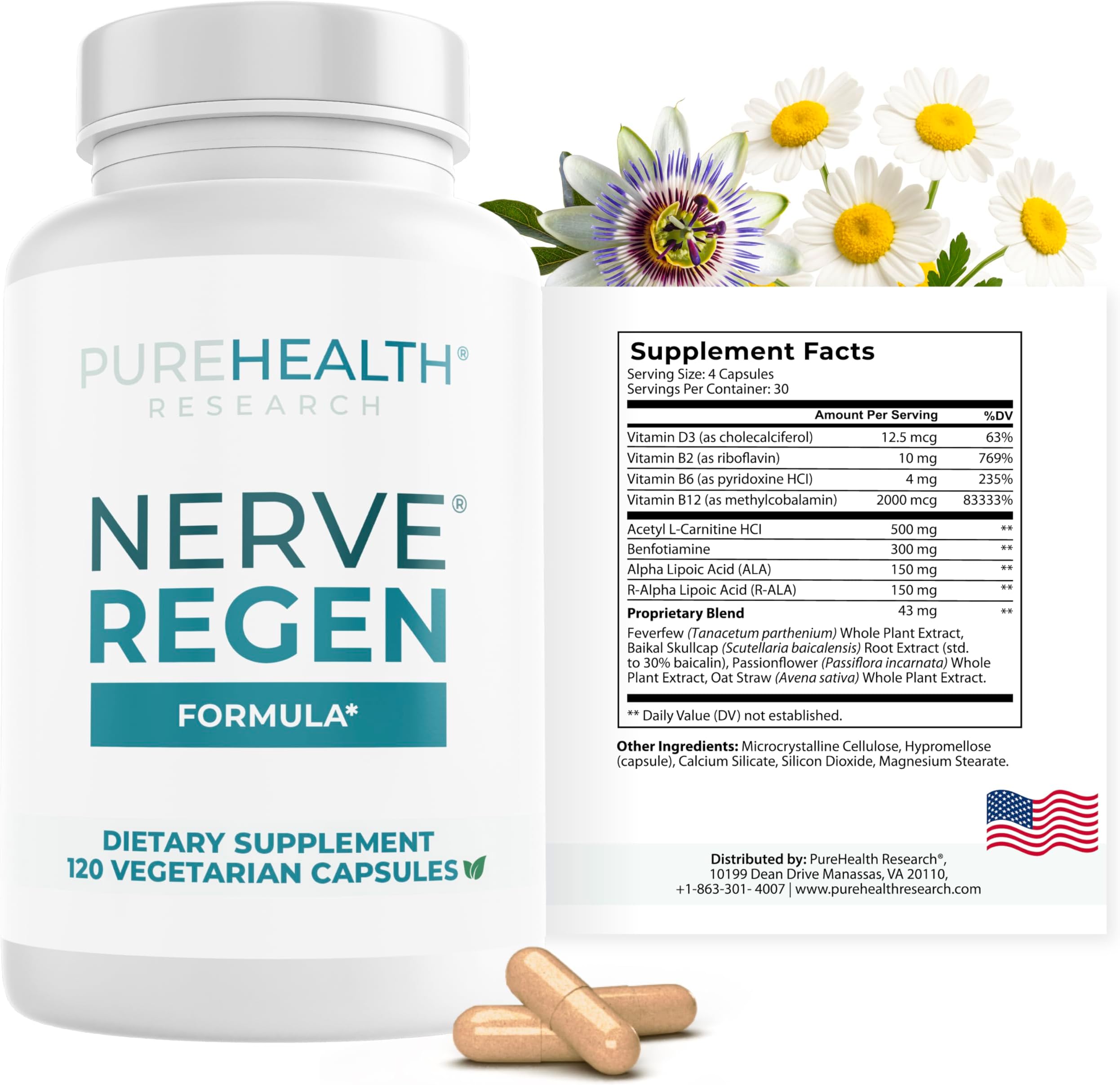 Nerve Regen Formula - Nerve Support Supplement for Feet & Hands - with Alpha Lipoic Acid ALA, Benfotiamine, Acetyl L-Carnitine, Riboflavin, Vitamin B6, B12, D & More - 120 Capsules