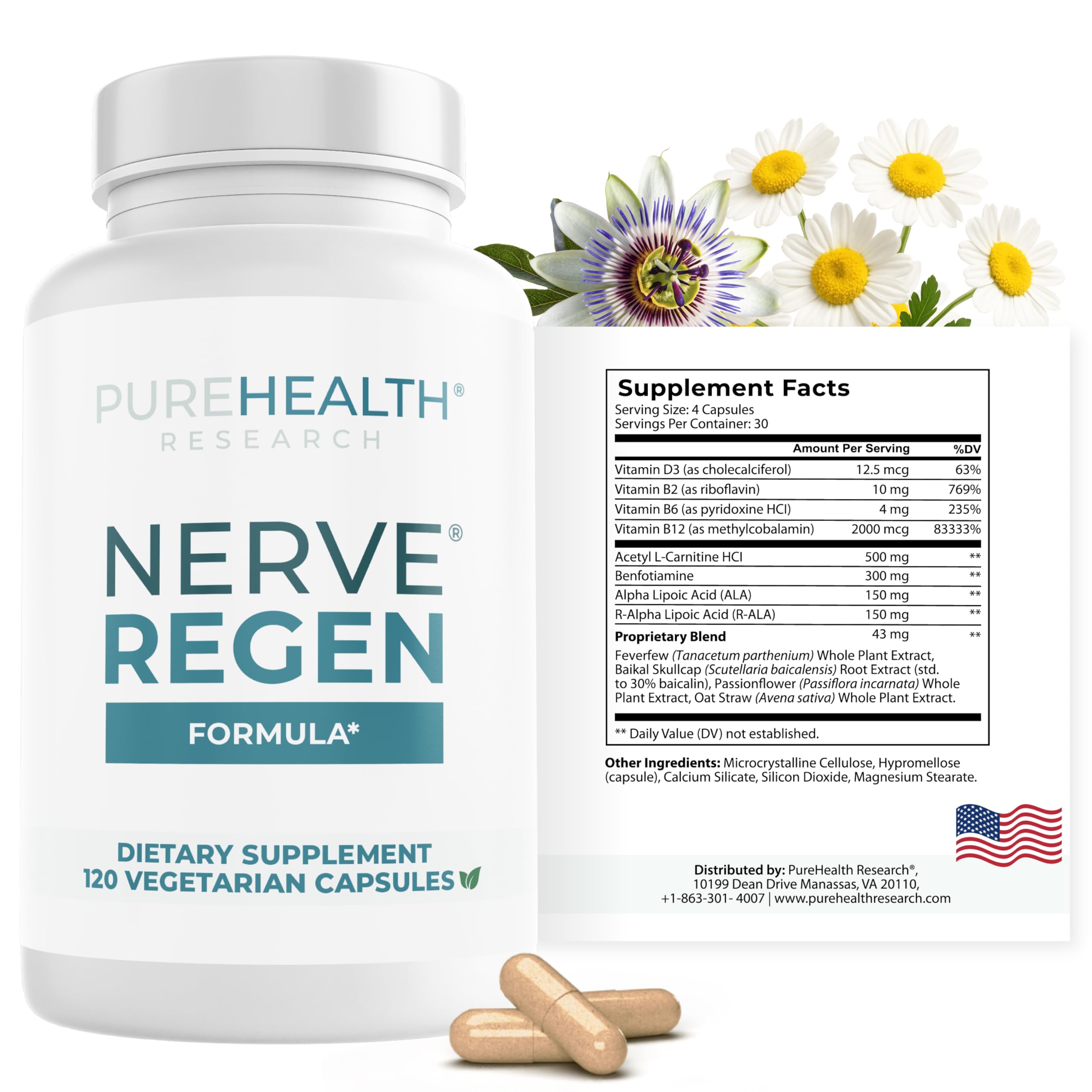 PUREHEALTH RESEARCH Nerve Regen Formula - Nerve Support Supplement for Feet & Hands - with Alpha Lipoic Acid ALA, Benfotiamine, Acetyl L-Carnitine, Riboflavin, Vitamin B6, B12, D & More - 120 Capsules