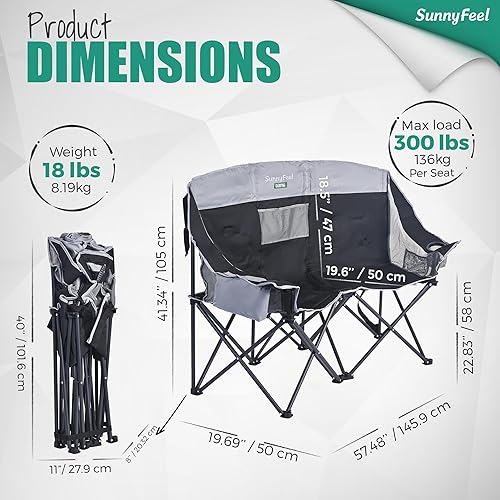 Miniatura 3 de SUNNYFEEL Silla de camping doble plegable de gran tamaño, silla de dos plazas portátil, silla de césped plegable resistente con almacenamiento para