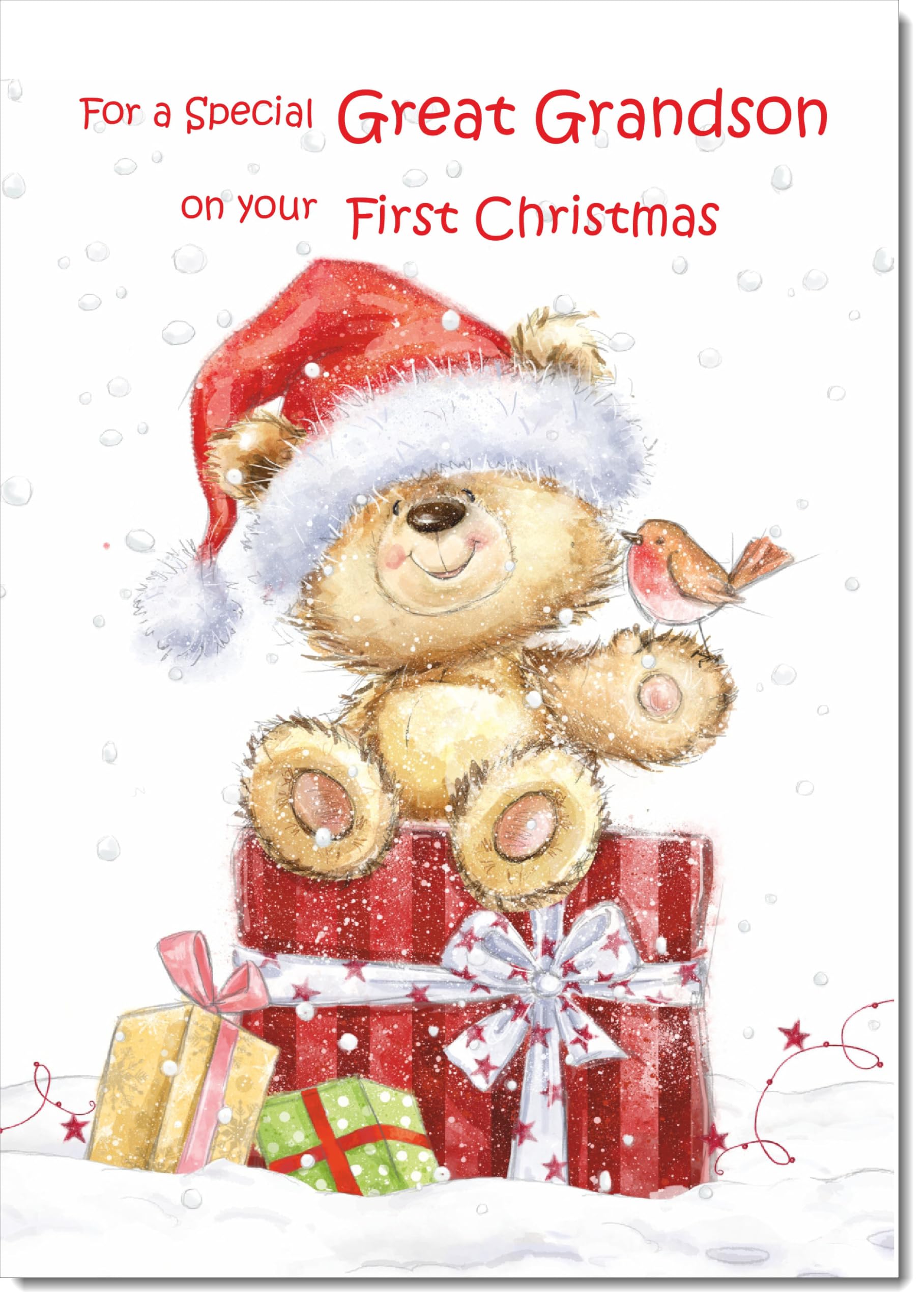 doodlecards Great Grandsons 1st First Christmas Card Cute Bear on Parcel Large A4 Size Christmas Card for Great Grandsons 1st with Plain Envelope โ image 1