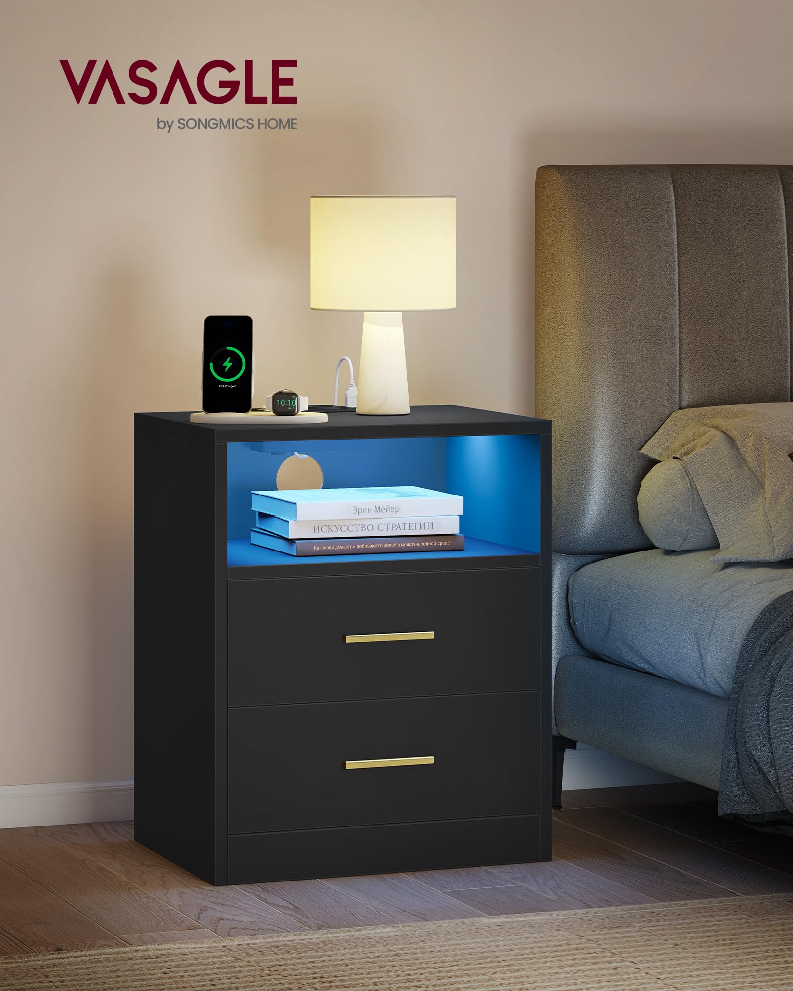 VASAGLE Custos Kollektion - Nachttisch mit Ladestation, 2er Set, LED-Beleuchtung, Beistelltisch, modern, mit Schubladen, 2 AC-Steckdosen und USB-Anschlüssen, tintenschwarz LET829BC01
