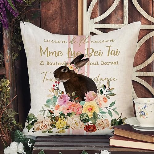 Miniatura 2 de Funda de almohada de flores silvestres de primavera, funda de almohada de conejo de Pascua, funda de cojín retro de París, decoración de Pascua,