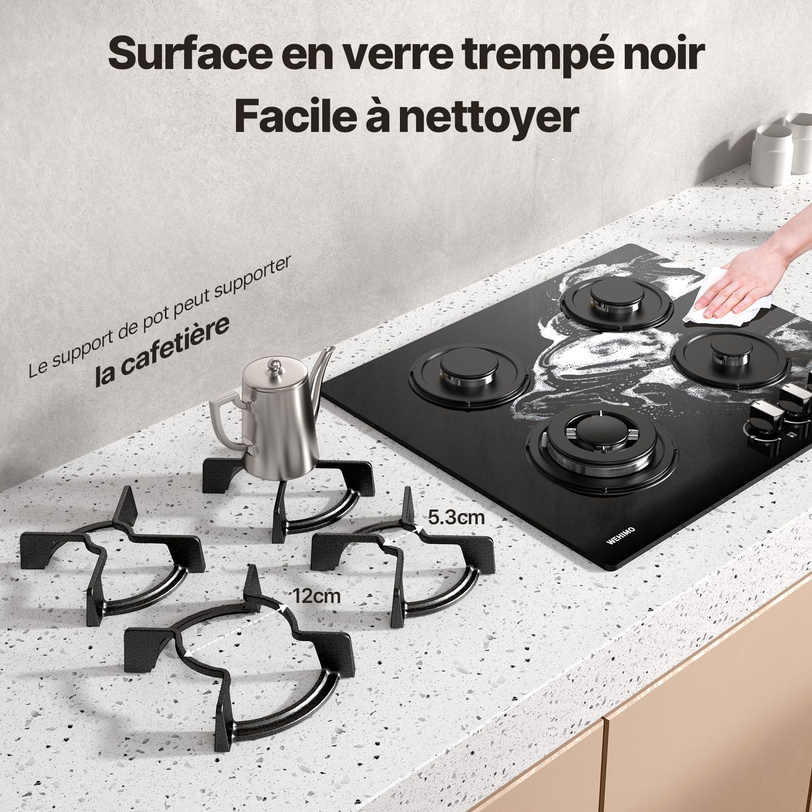 Plaque de Cuisson Gaz 4 Feuxs Encastrable 60cm 7800W Grille Fonte Verre Noir
