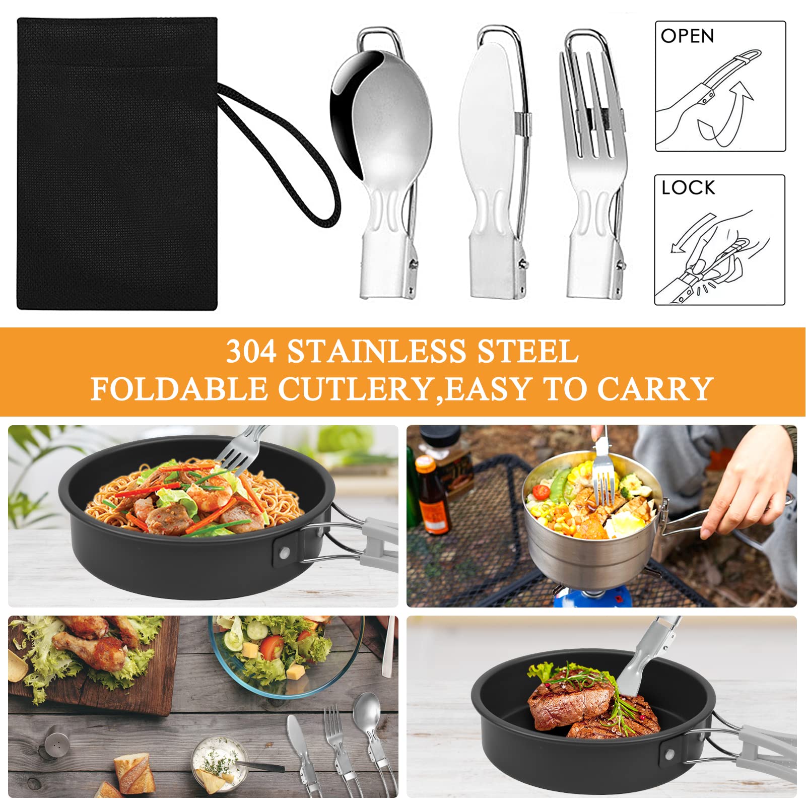 Set di 6 Pentole da Campeggio, Pentole Set da Campeggio con Mini Fornello Portatile, Set da Cucina da Campeggio Pieghevole, per 1-2 Persone, per Picnic, Campeggio, Arrampicata, Trekking
