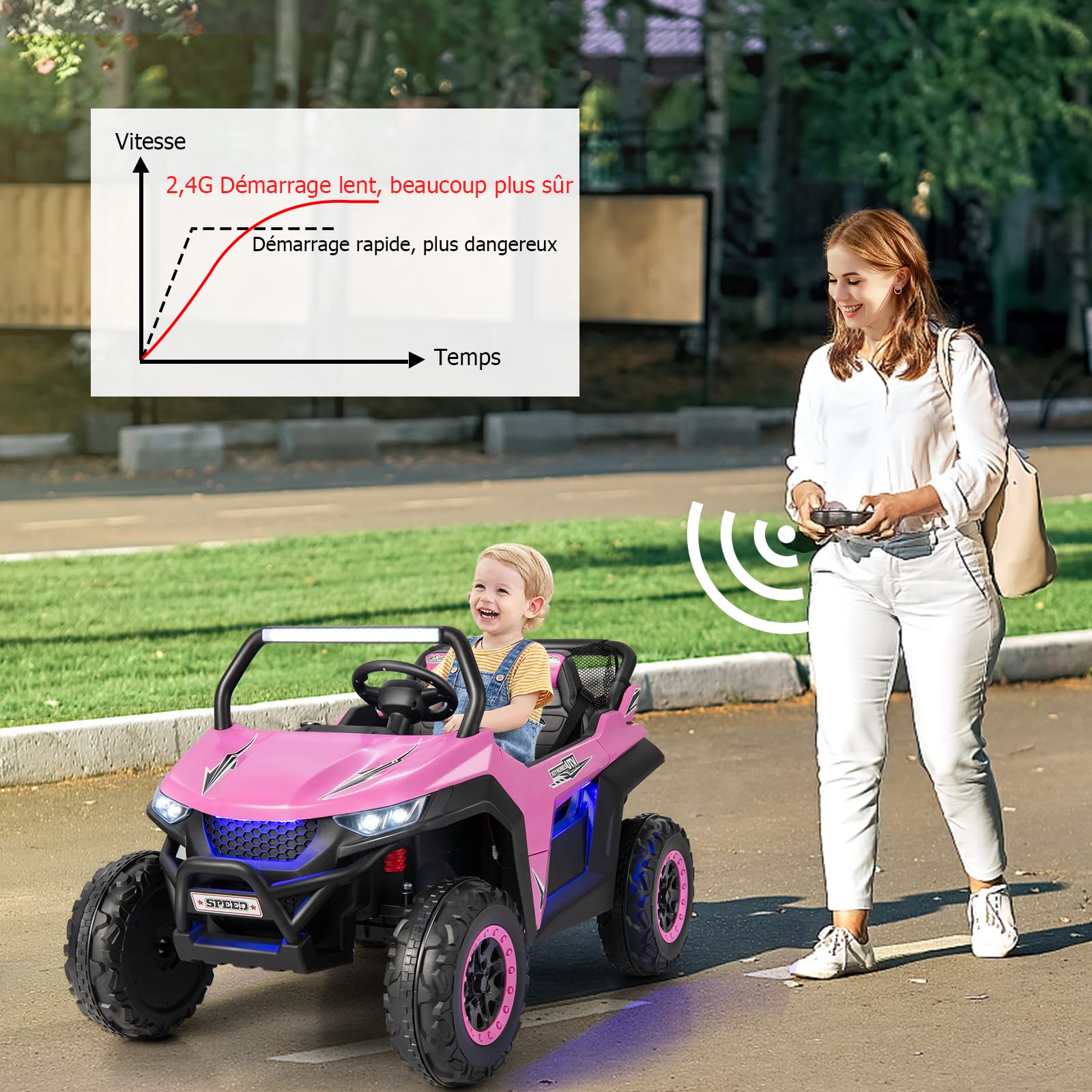 COSTWAY Voiture Electrique Enfant 12 V avec 2 Places et Télécommande 2,4G, Quad Électrique avec Démarrage Lent pour 3-8 Ans,Vitesses 2-4 KM/H,Ceinture de Sécurité Charge 59KG 118x74x71CM (Rose)