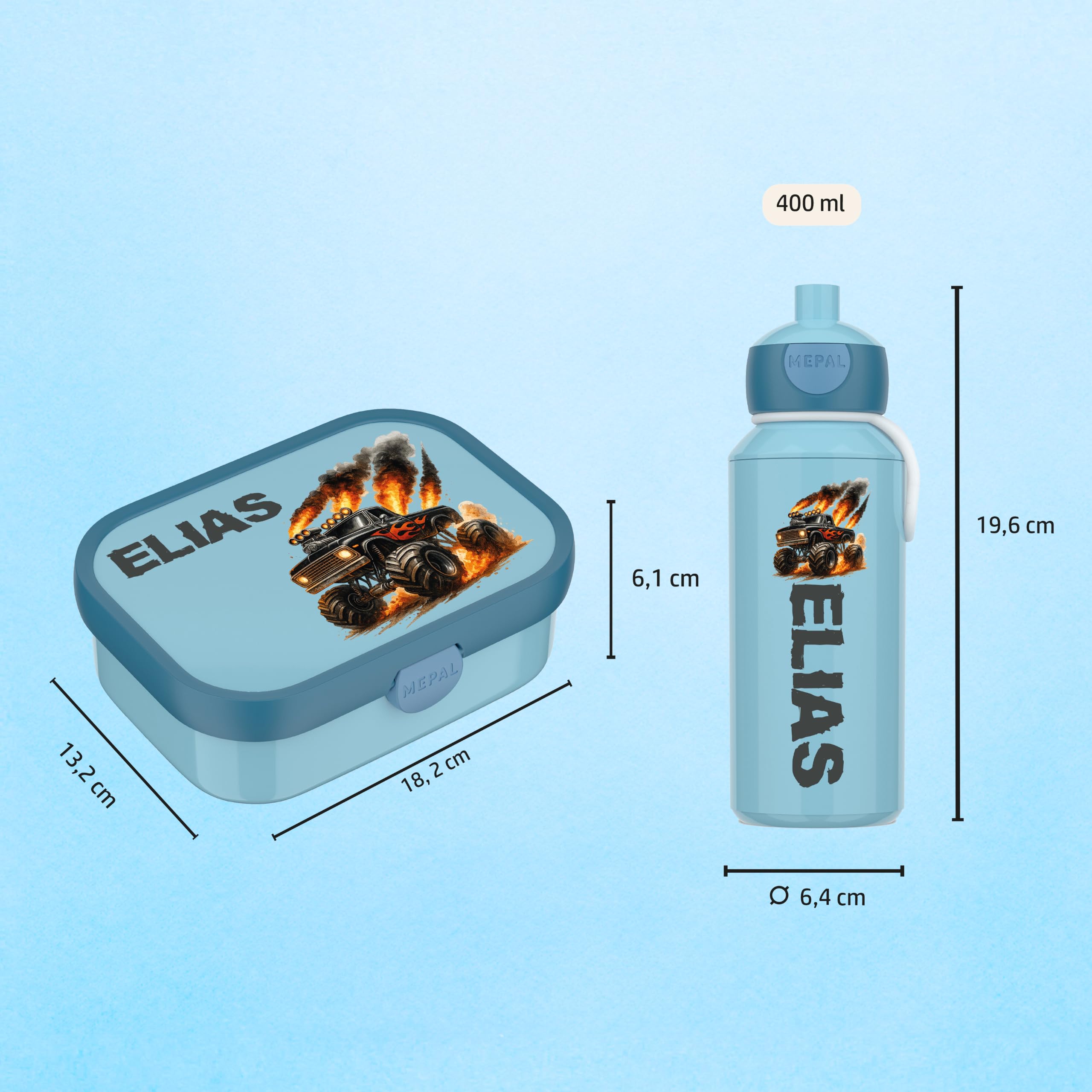 Mepal Campus Brotdose Personalisiert & Trinkflasche - 2er Set Cool Blue | Monstertruck Auto Truck Name - Geschenk Kitastart Einschulung Schule Brotdose Trinkflasche Lunchbox Junge Mädchen Kita