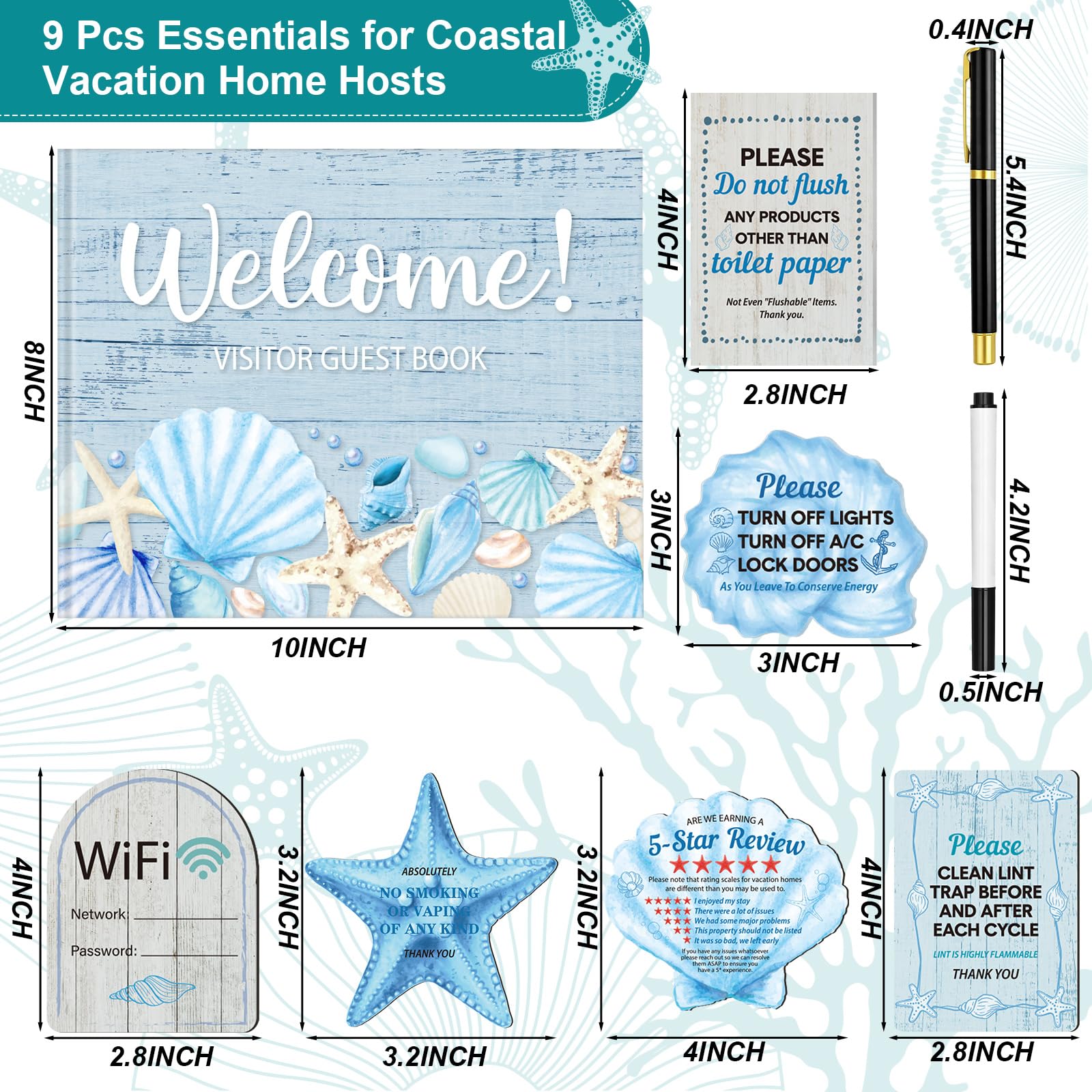 Eaasty 9 Pcs Rental House Essentials for Hosts 10 x 8 Inches 120 Pages Coastal Cabin Guest Book for Vacation Home Guesthouse Welcome Log Short Term Rentals Sign and Fridge Magnets