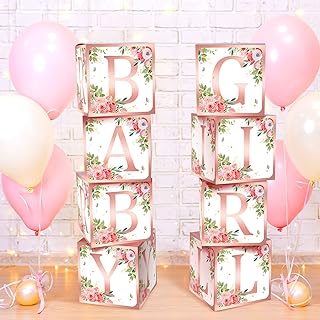 8 Pcs Baby Shower Decorations for Baby Shower Boxes with Letters Baby Shower Blocks Decoration Balloon Baby Block Centerpieces Box for Gender Reveal Birthday Party (Pink Floral)