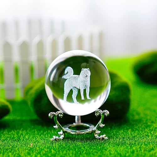 Miniatura 7 de Figura de perro Shiba Inu de vidrio 3D para decoración del hogar, bola de cristal de perro de 2.362 in con soporte de vidrio, pisapapeles para