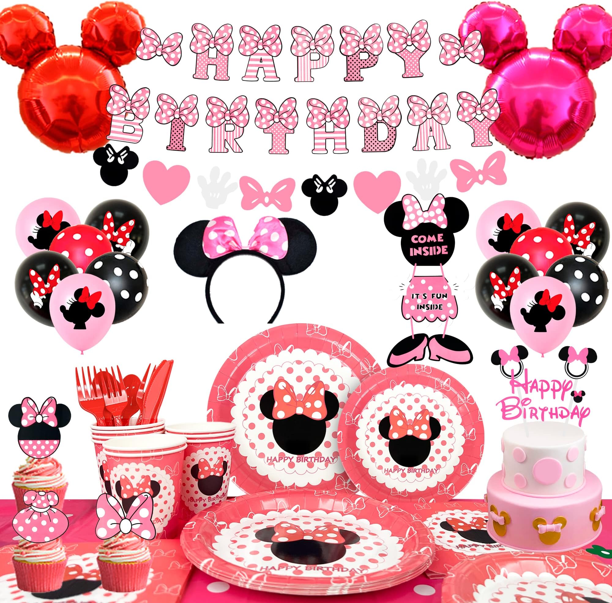 Grehge ay Party Supplies,131pcsMin-niee Mou-ses Party Decorations&Tableware Set - Min-niee Party Plates Tablecloth Banner Balloons Headband etc Min-niee Mou-ses Birthday Decorations for Girls