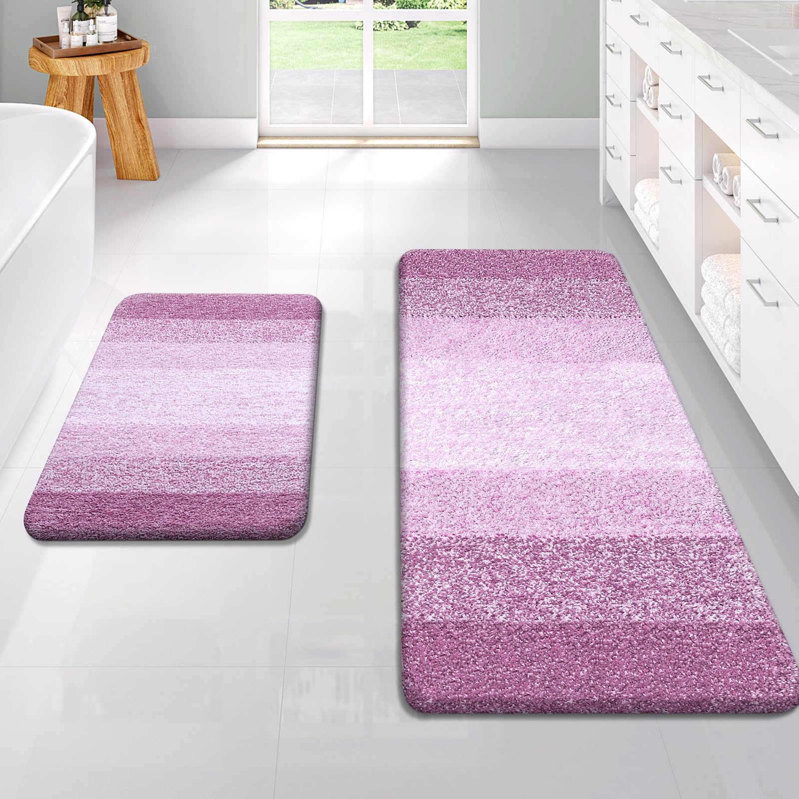 OLANLY Bathroom Rug Set 2 Piece, Soft Absorbent Microfiber Bath Rug Set, Non-Slip, Machine Wash Dry, Plush Shaggy Bath Mats for Bathroom (47"x20"+24"x16", Pinkish-Purple)