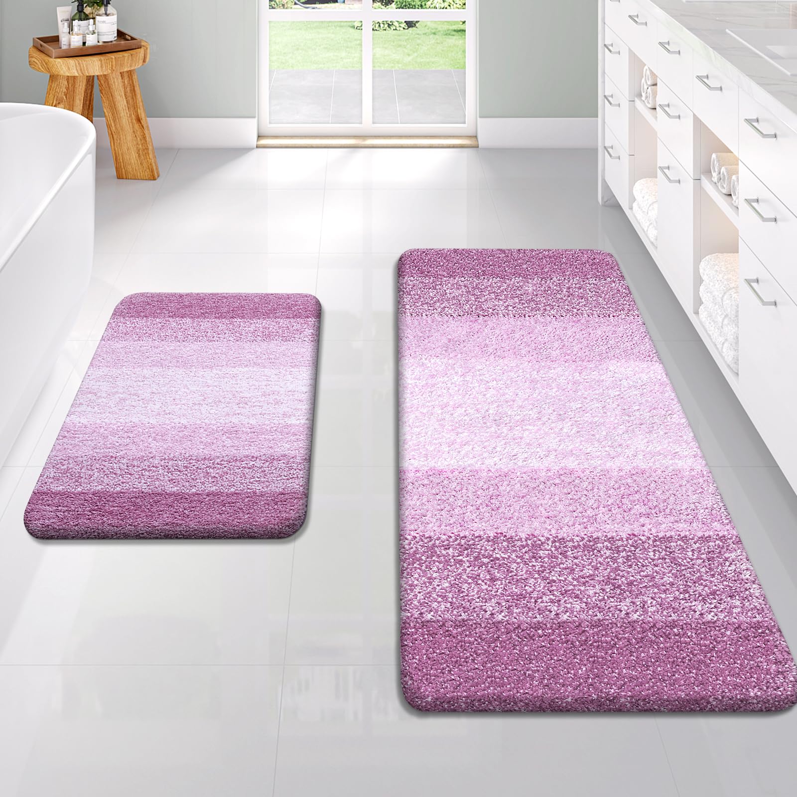 OLANLY Bathroom Rug Set 2 Piece, Soft Absorbent Microfiber Bath Rug Set, Non-Slip, Machine Wash Dry, Plush Shaggy Bath Mats for Bathroom (47"x20"+24"x16", Pinkish-Purple) — image 1