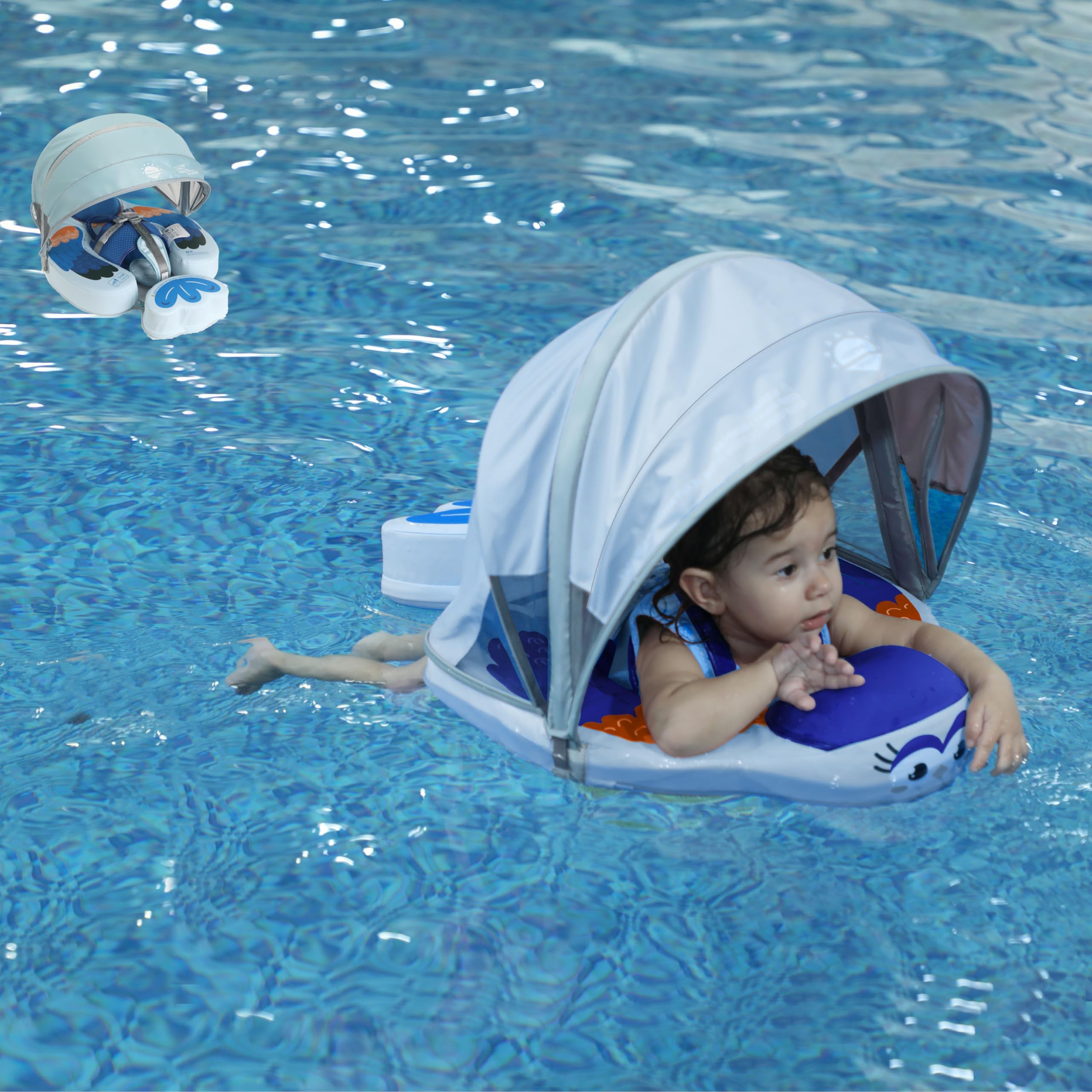 Mambobaby Floats with Canopy &Tail, Non-Inflatable Baby Float for Pool Add Tail Avoid Flip Swim Trainer Baby Floats for Toddler Boys Girls