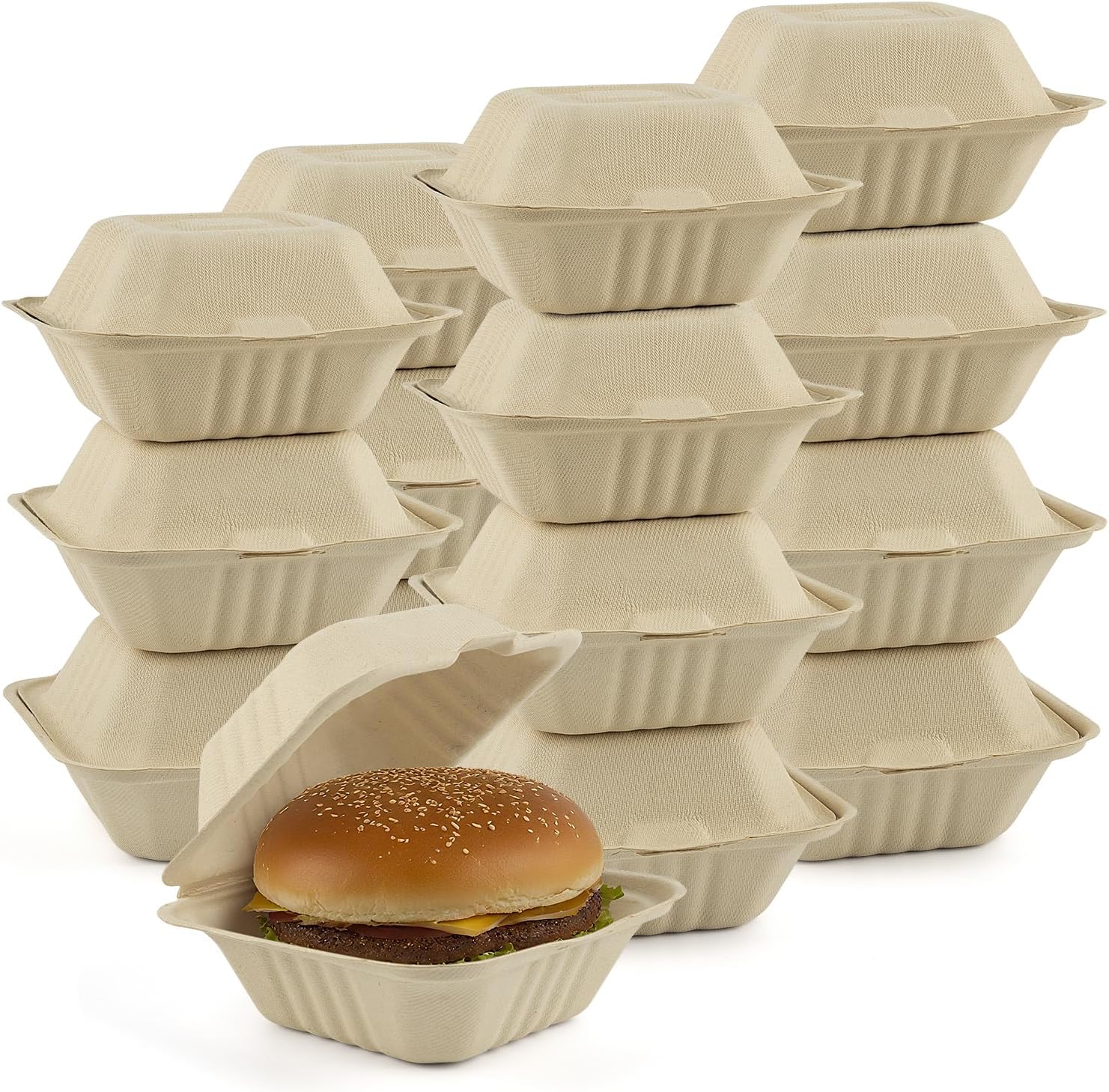 Mat Board Center, 6-inch, 500-Count, Ribbed Hamburger Compostable Clamshell, Bamware (Bamboo Fiber), Take-Out/to-Go Food Boxes -Containers, Hinged Lid - Microwave-Safe - Gluten-Free