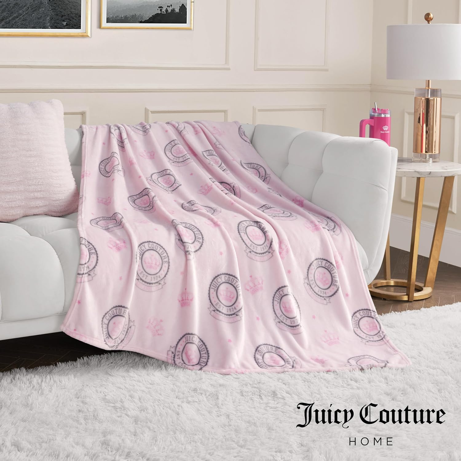 Juicy Couture - Throw Blanket, Juicy Emblem, Plush and Cozy, Decorative Blankets for Sofas, Chairs and Beds, Luxurious and Soft, Chic Home Decor, Measures 50" x 70", Pink