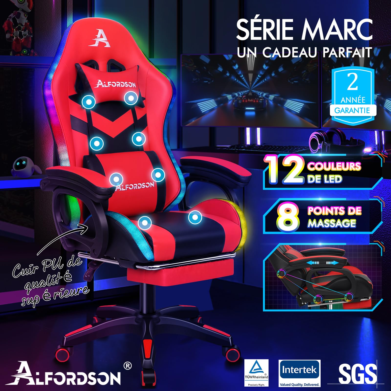 ALFORDSON LED Chaise Gaming, Siege Gaming avec Massage 8 Points, Fauteuil de Gaming Pivotant Ergonomique avec Éclairage RVB avec Support Lombaire et Appui-Tête, Hauteur Réglable, Rouge