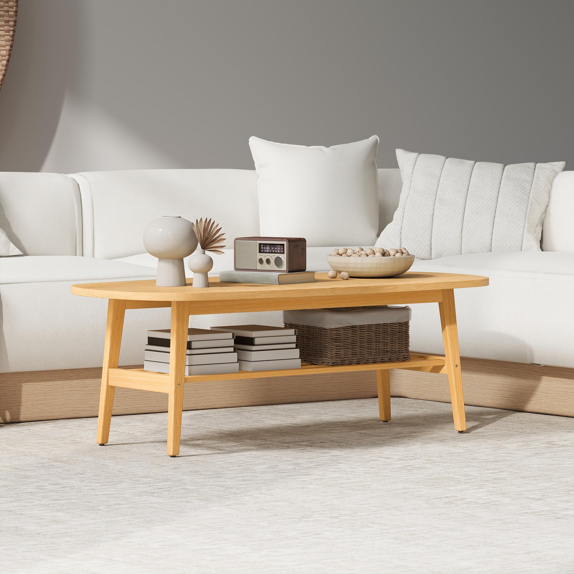 HOMCOM Mesa de Centro de 2 Niveles para Dormitorio 120x60x42cm Natural | Mesa Baja para Salón Moderno, Estante Abierto Inferior, Patas de Madera de Caucho, para Sala de Estar