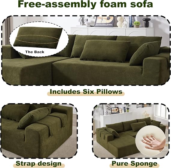 108 Modular Sofa Couch Convertible Sectional Sofa for Living Room Bedroom, Modern Chenille Upholstered Sectional Sofa Couch Set, L-Shaped Couches with 6 Pillows for Home Office, Green(Right Chaise)