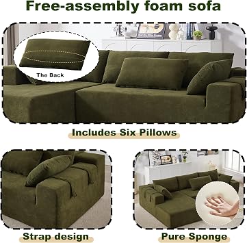 108 Modular Sofa Couch Convertible Sectional Sofa for Living Room Bedroom, Modern Chenille Upholstered Sectional Sofa Couch Set, L-Shaped Couches with 6 Pillows for Home Office, Green(Right Chaise)