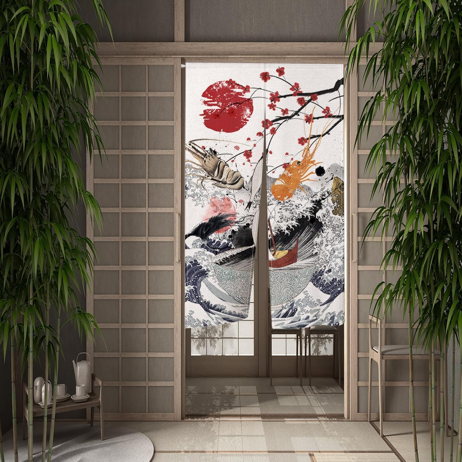Traditional Japanese Noren Doorway Curtain Tapestry Window Treatment Cotton Linen for Wall Hanging Home Kitchen Decor Ukiyoe Room Privacy Divider Partition 33.5"x 47.2" (Wave, Fish and Shrimp)