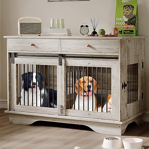 Caja de mueble para perros de 47", Caja de perro estilo mueble grande para perros grandesmedianospequeños (Gris retro, una jaula)