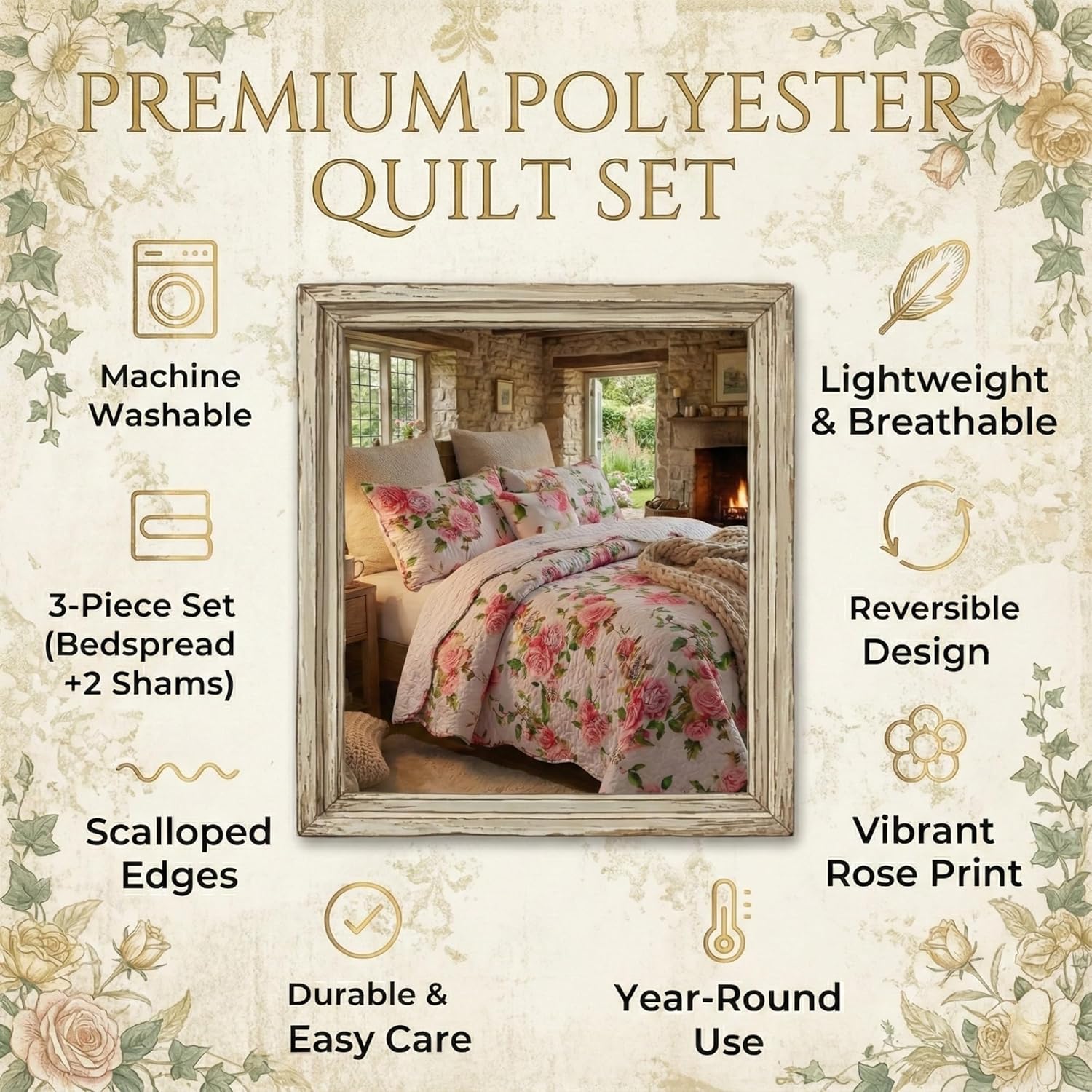 DaDa Bedding Romantic Roses Floral Bedspread Set - Lovely Spring Pink & White Scalloped Colorful Lightweight Breathable - Bright Vibrant Quilted Coverlet w/Pillow Shams - Queen - 3-Pieces
