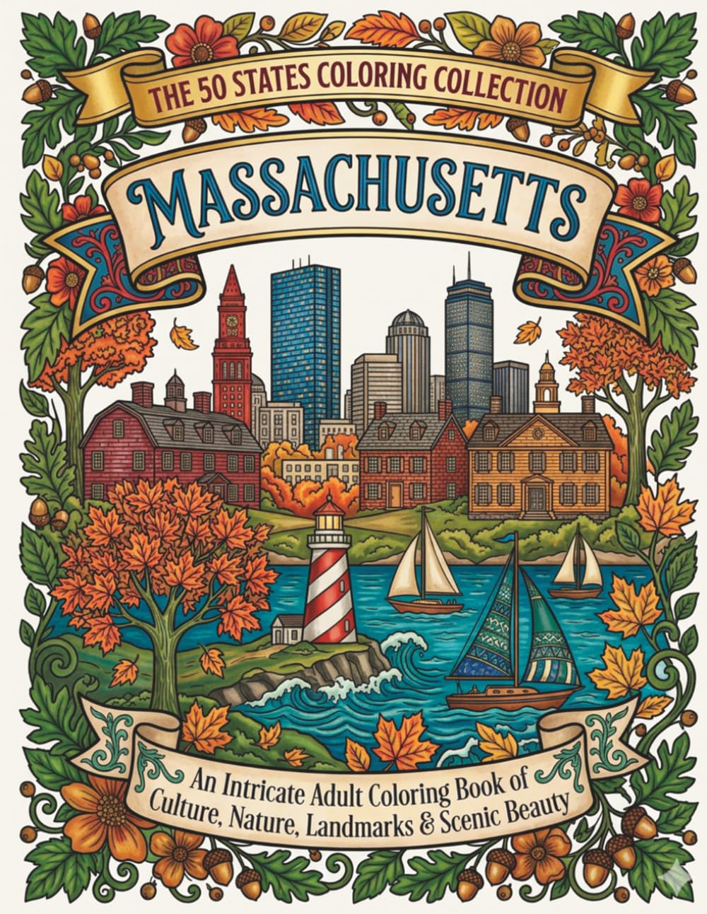Massachusetts Coloring Book for Adults and Teens: Boston Landmarks, Cape Cod Lighthouses, Coastal Scenery, Historic Towns, Wildlife and New England Traditions