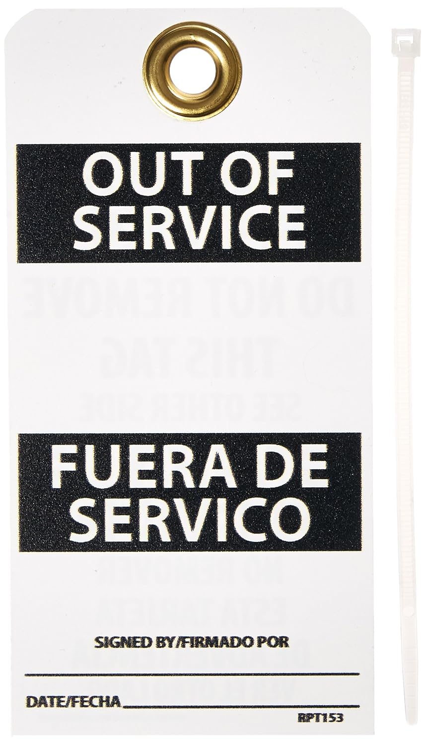 NMC RPT153G Out of Service Bilingual Tag - [Pack of 25] 3 in. x 6 in. 2 Sided Vinyl Inspection Tag with Grommet, White/Red Text on Red/White Base