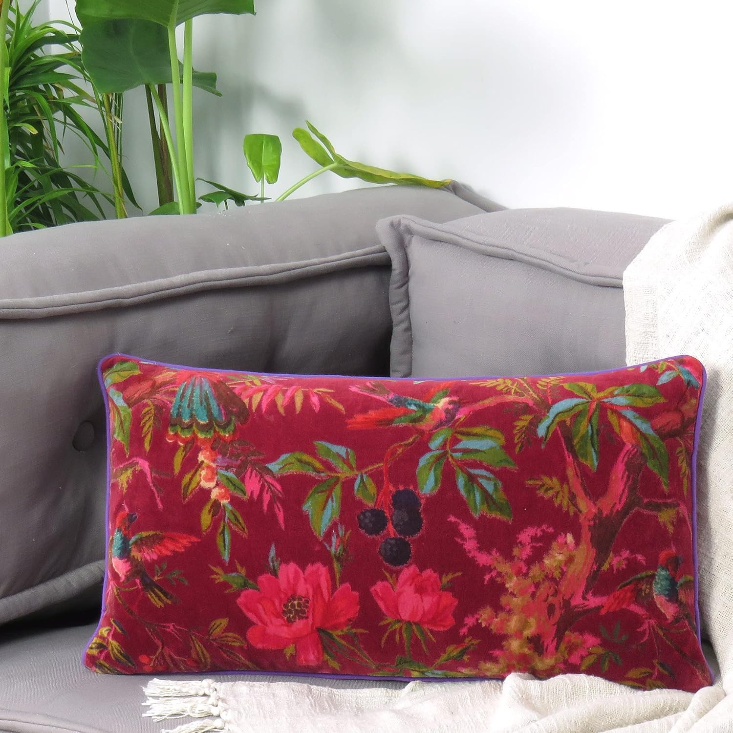 Eyes of India Velvet Floral Flower Bird Throw Pillow Sofa Cushion Cover Case Couch Colorful Boho Chic Bohemian Accent Indian Handmade (Burgundy, 20" x 12")