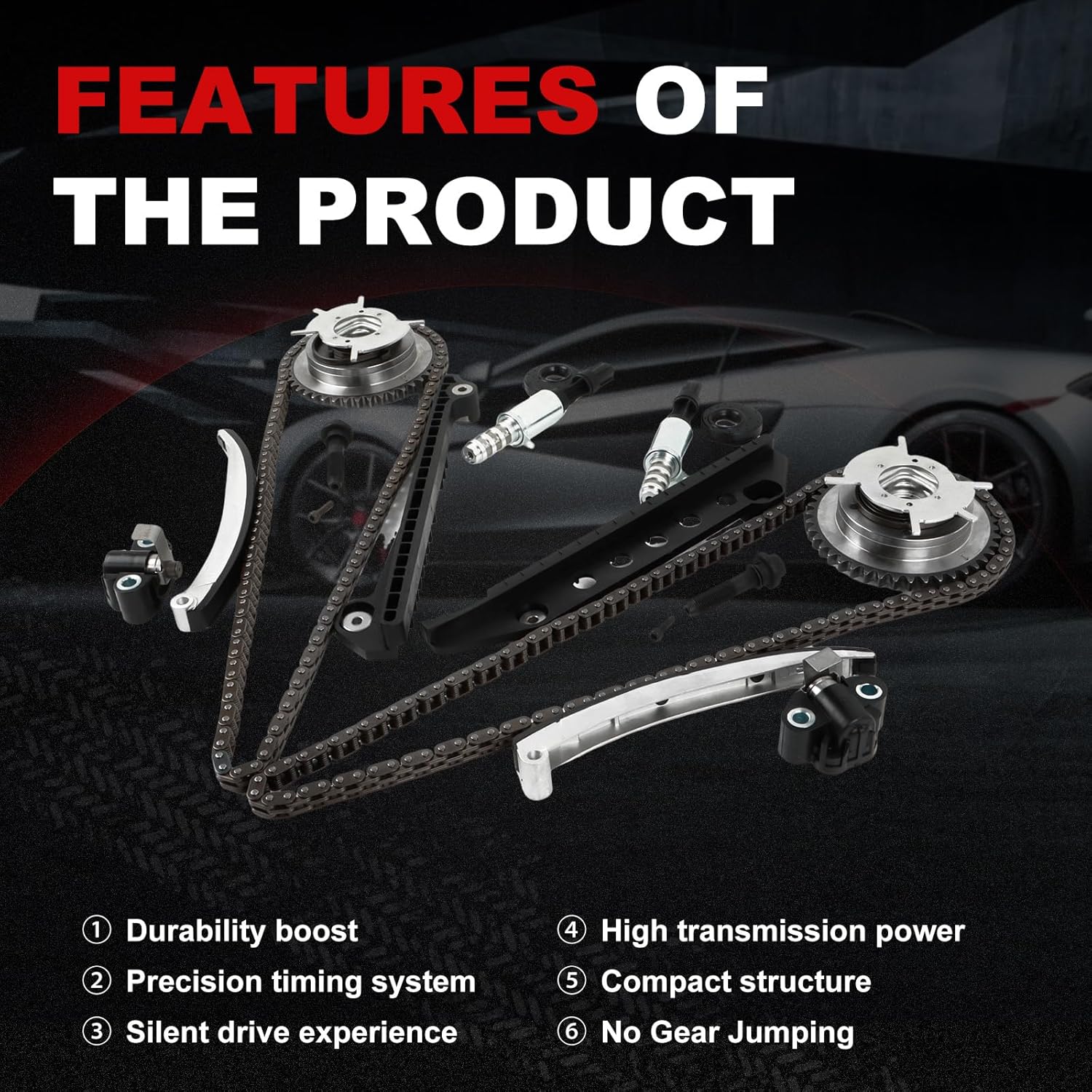 Engine Timing Chain Kit 4.6L Fit for 2005-2010 Mustang for 06-10 Explorer for 06-10 Mountaineer for 09-10 F150 Car Components Sets w Tensioner Guide Rail Cam Gears Solenoid