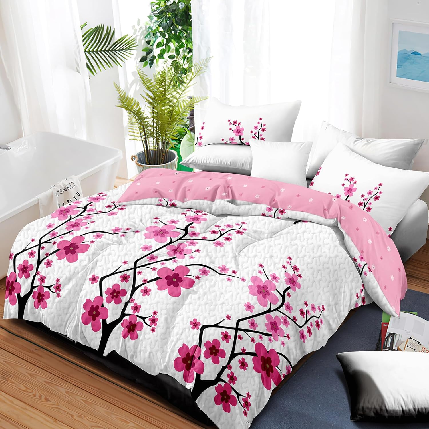 5 Pcs Cal King Bedding Comforter Set, 1 *Comforter, 2 *Pillowcases, 2 *Cushion Cases, Pink Cherry Blossom Print, Microfiber, California King Comforter, Cherry Blossom Bedding Set Queen for RV