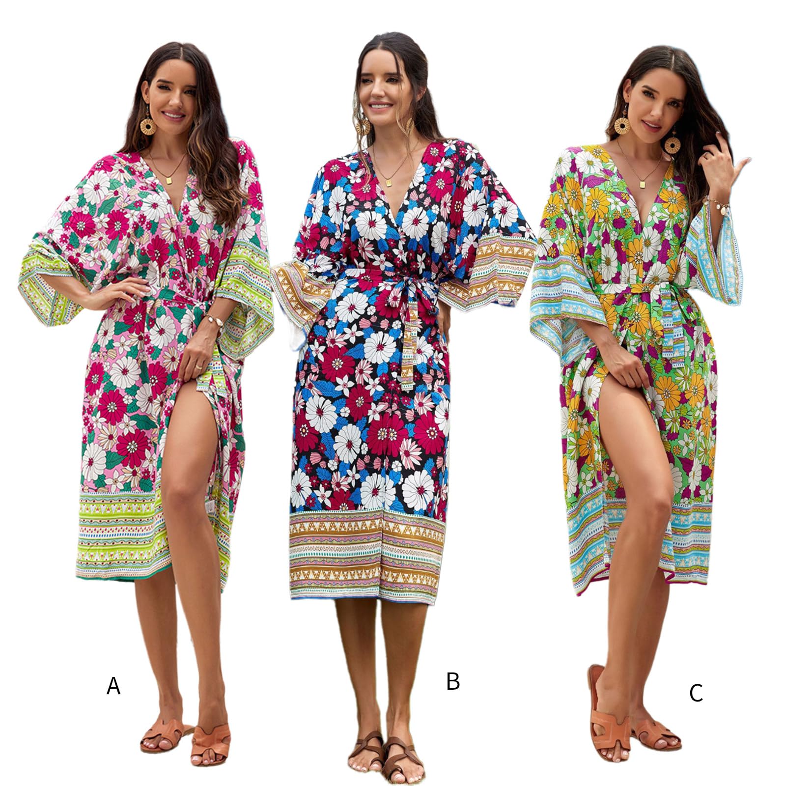 Cárdigan de playa para mujer con banda en la cintura, kimono largo de flores, frente abierto, cárdigan de playa