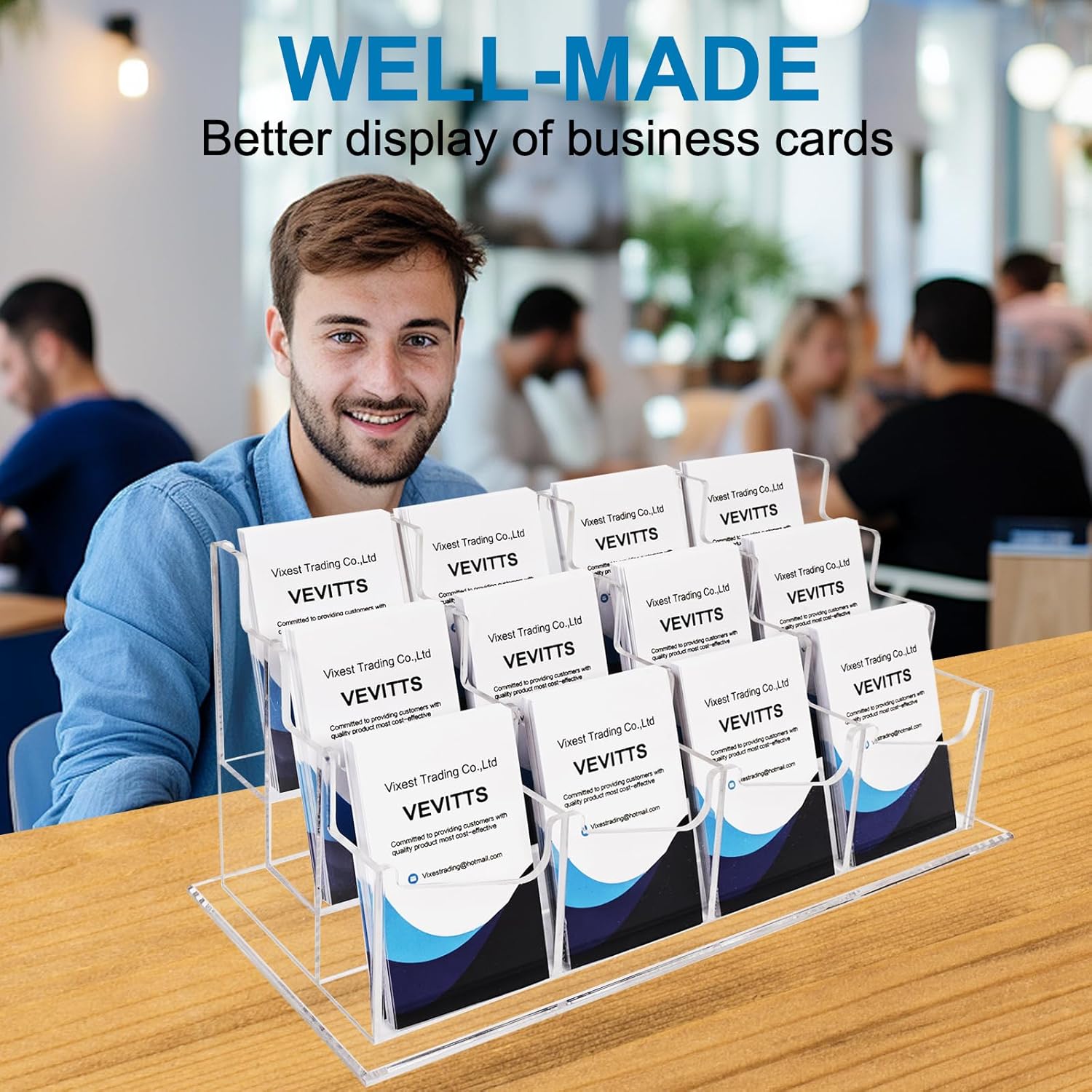 Vevitts Vertical Business Card Holder, Acrylic Business Card Display, Clear Desktop Business Card Stand for Exhibition, Home & Office Clear 3 Tiers 12 Slots