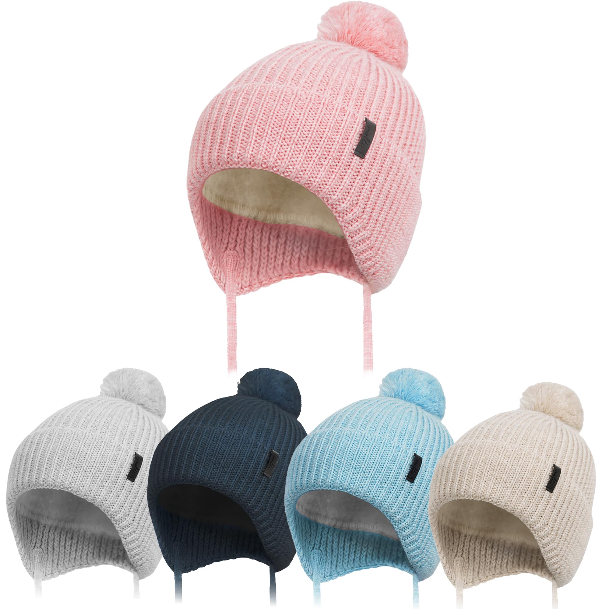 molti Dziecięca czapka zimowa beanie ze 100% wełny merino z podszewką z polaru, czapka z dzianiny z tasiemkami i pomponem, ciepła i miękka, Öko-Tex, rozmiar 46-48, brązowa