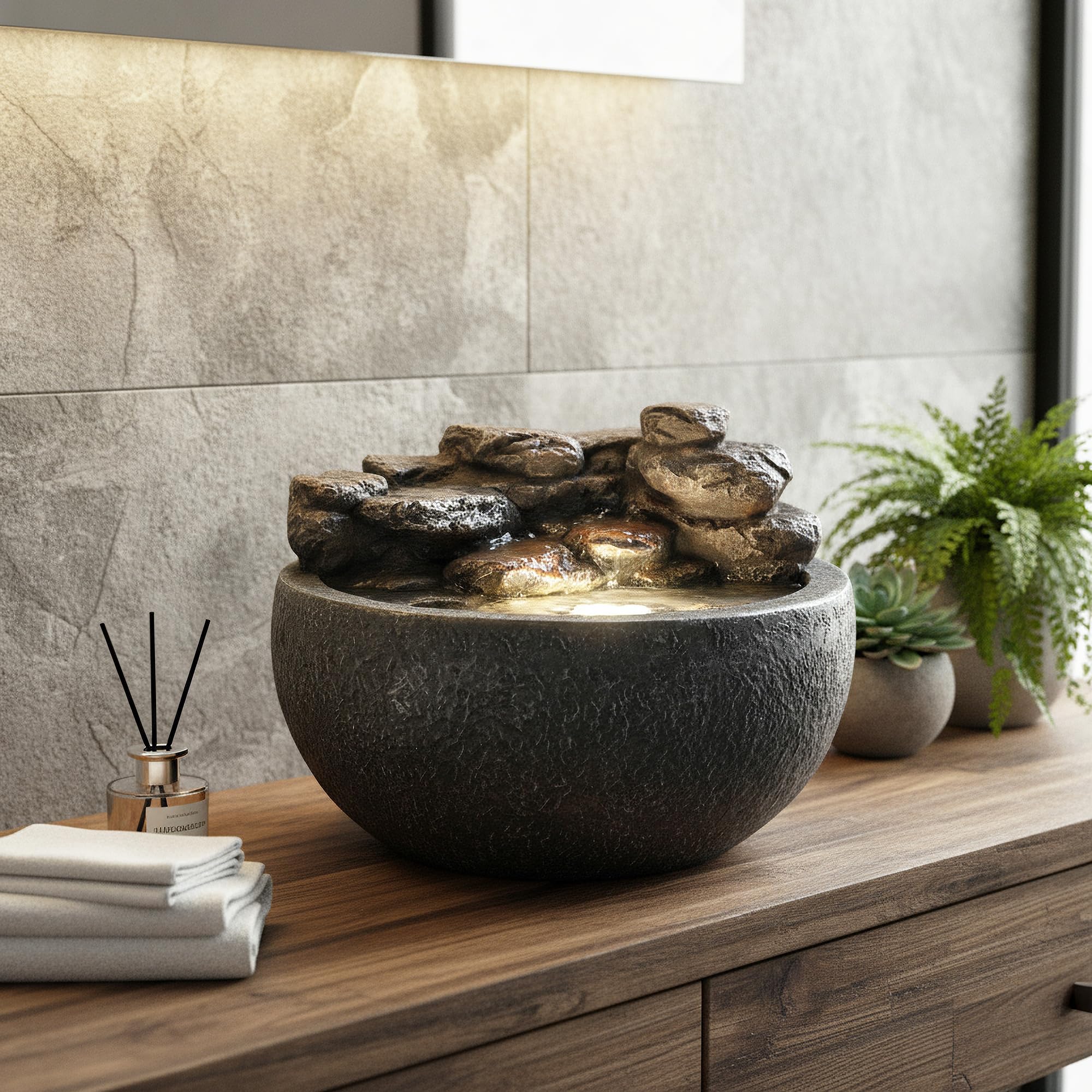 LED Zimmerbrunnen & Gartenbrunnen in Steinoptik Ø 42 cm – mit warmweißer Beleuchtung, Wasserfall & 450 L/h Pumpe – Indoor & Outdoor Deko Brunnen aus Polyresin, Komplett-Set mit Netzteil