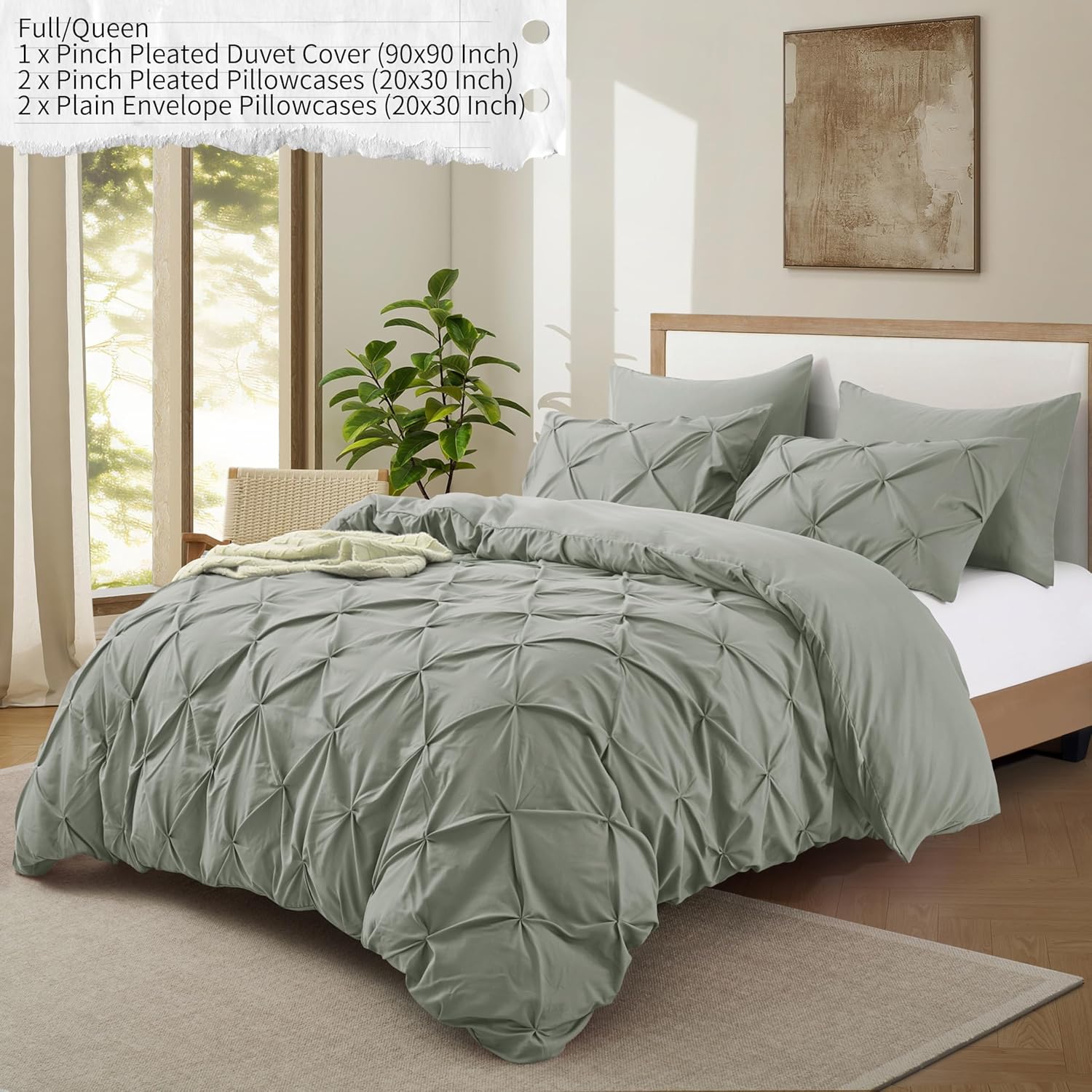 VACVELT 5 Piece Pinch Pleated Duvet Cover Full/Queen Size Set, Light Gray Pintuck Duvet Cover with Zipper & 8 Ties, Shabby Chic Microfiber + 2 Pillow Shams + 2 Pillowcases, No Comforter