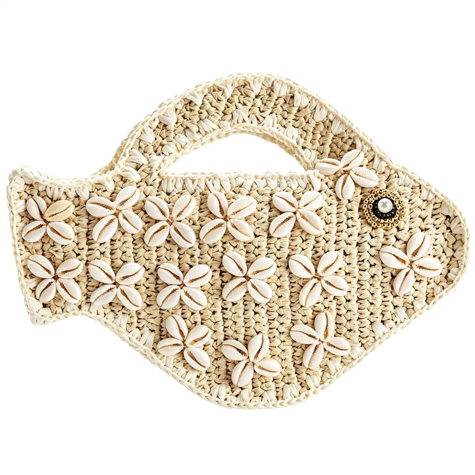 Generico Clutch Pesce Borsa Decorativa A Forma Di In Paglia E Conchiglie | Pochette Intrecciata Estiva Da Spiaggia Per Donne Ragazze Picnic All'Aperto Vacanza Al Mare
