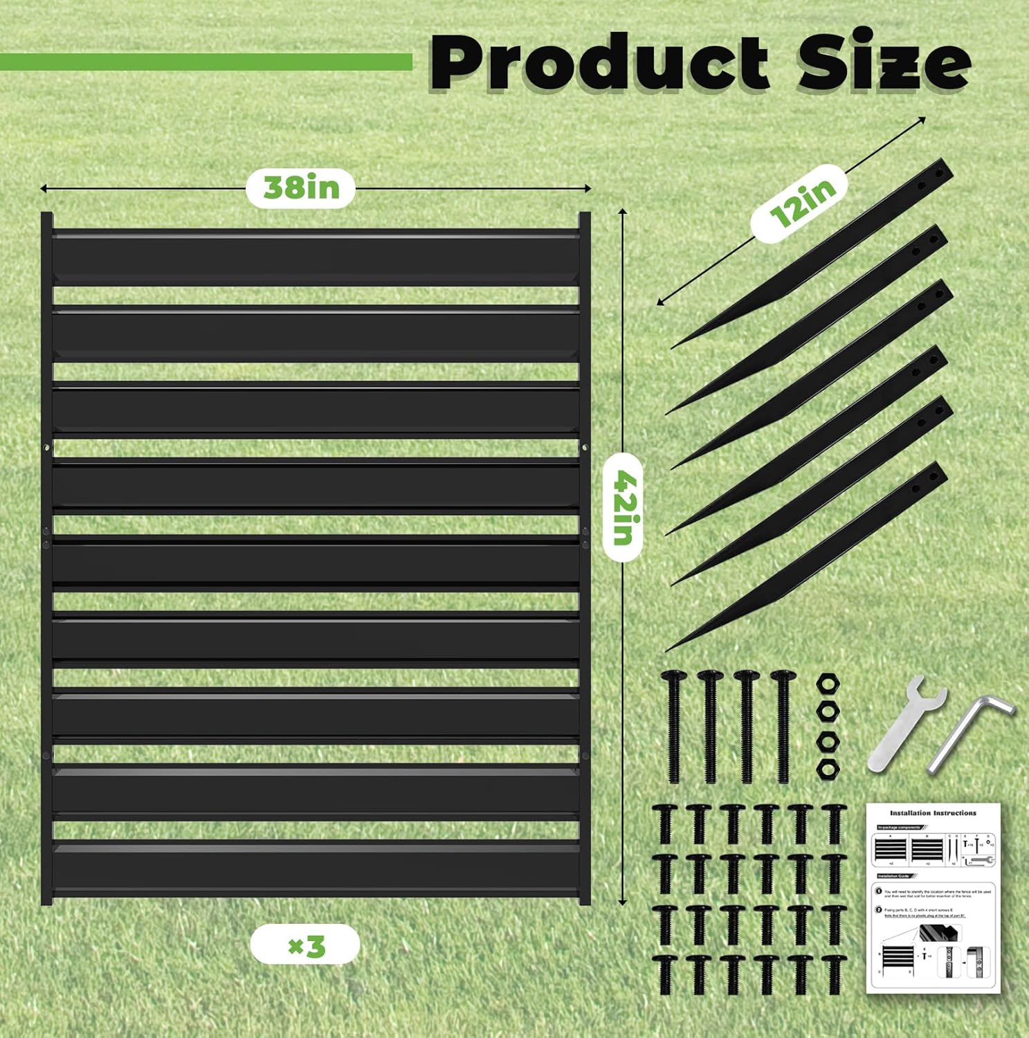 38" W x 42" H Air Conditioner Fence Screen, 3 Panels Metal Privacy Fence for Outside Unit, Pool Equipment Enclosure Trash Can Fence, No Dig Backyard Fencing for Outdoor, Black