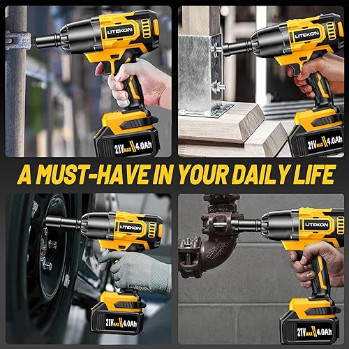 Miniatura 9 de Llave de impacto inalámbrica, MAX 650N.M Pistola de impacto sin escobillas 12 pulgada, batería 2000mAh, 6 enchufes, amarillo