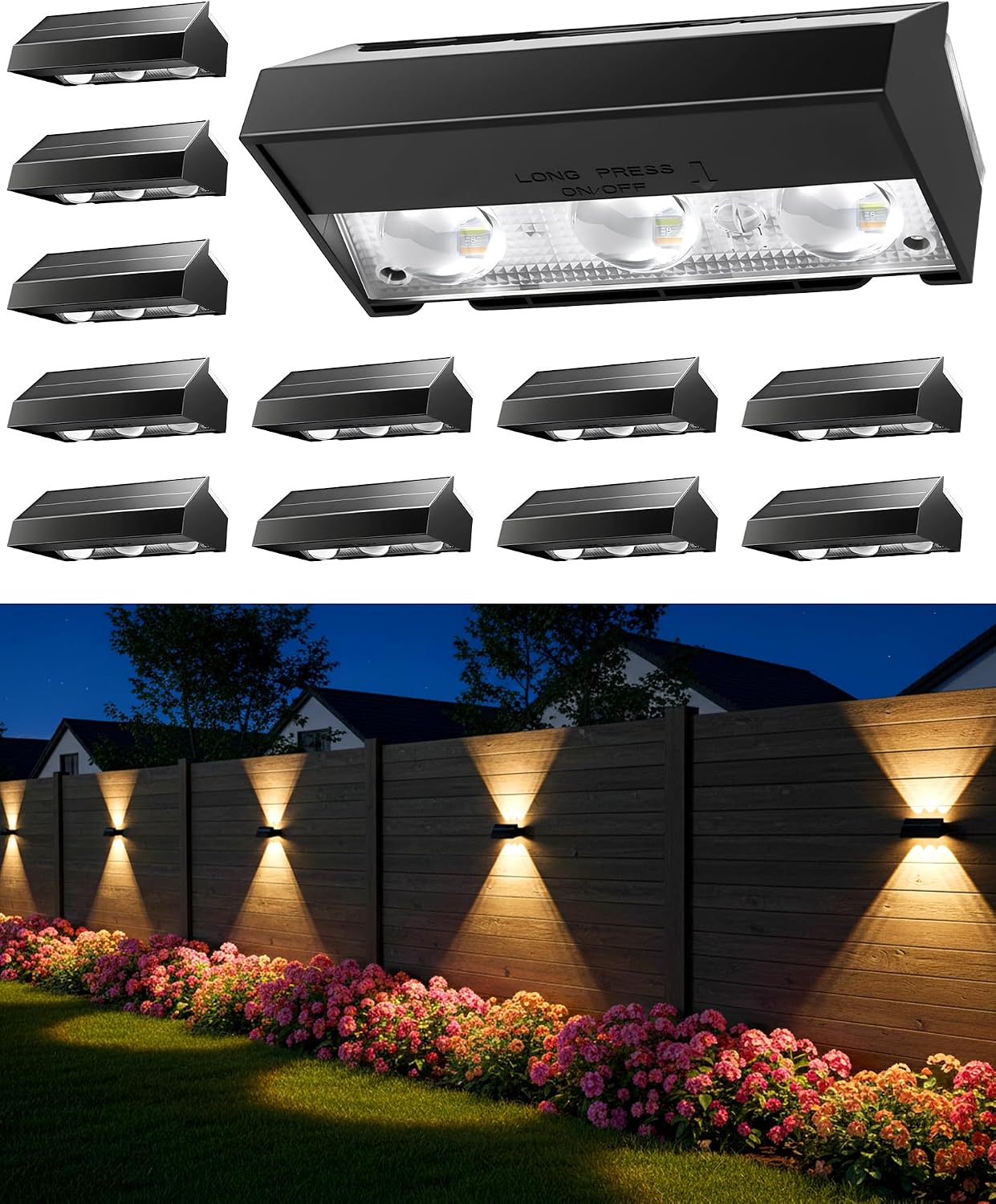 Solar Fence Lights Outdoor 12 Pack, 3 Modes & 10 RGB Colors, Up and Down Fence Lights Solar Powered for Outside, Deck Lighting for for Backyard/Garden/Patio/Garage Wall Decor