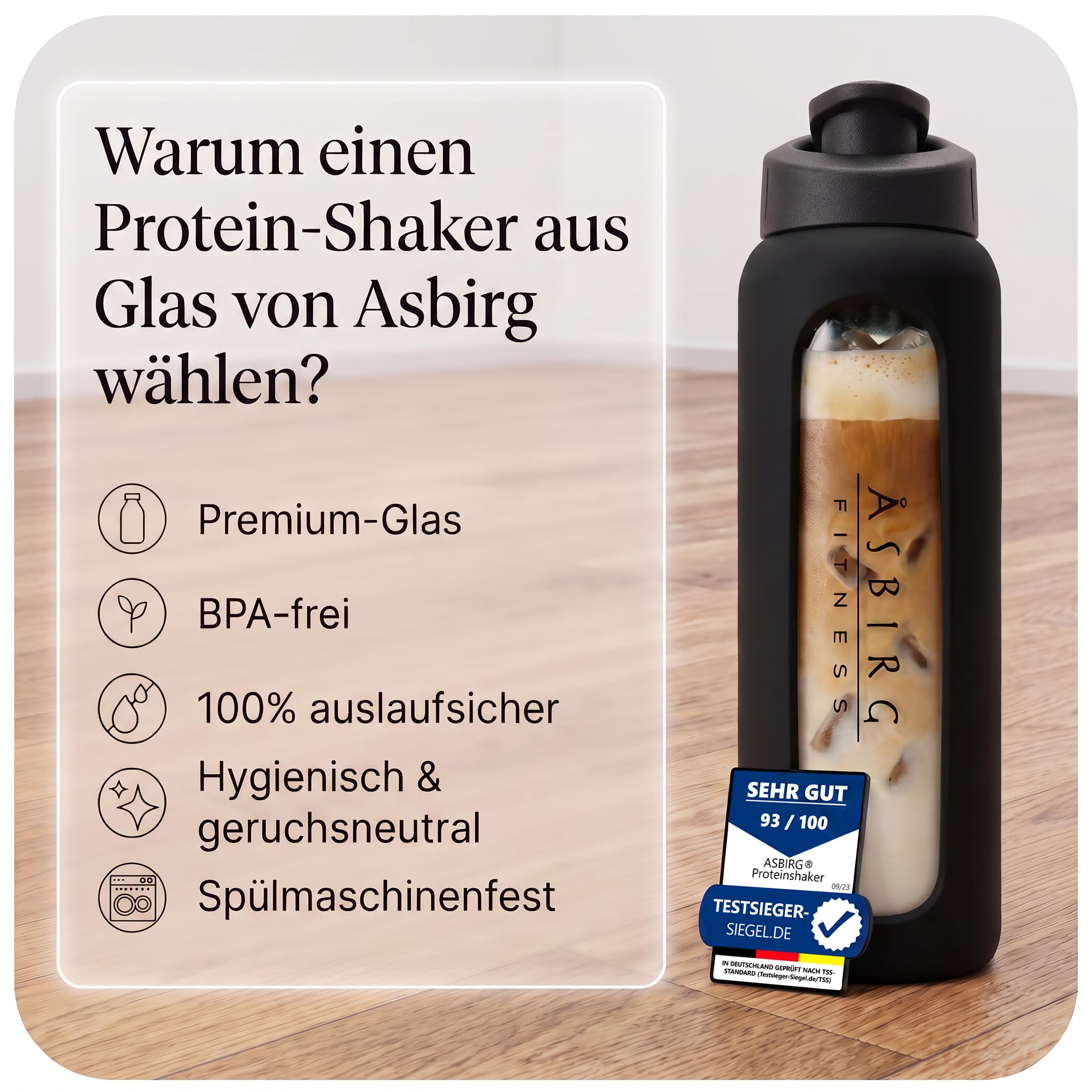 Fitness - 3er Bundle Proteinshaker aus Glas – Schwarz, Pastellgrün & Beige – BPA-frei, geschmacksneutral - mit Spiralball