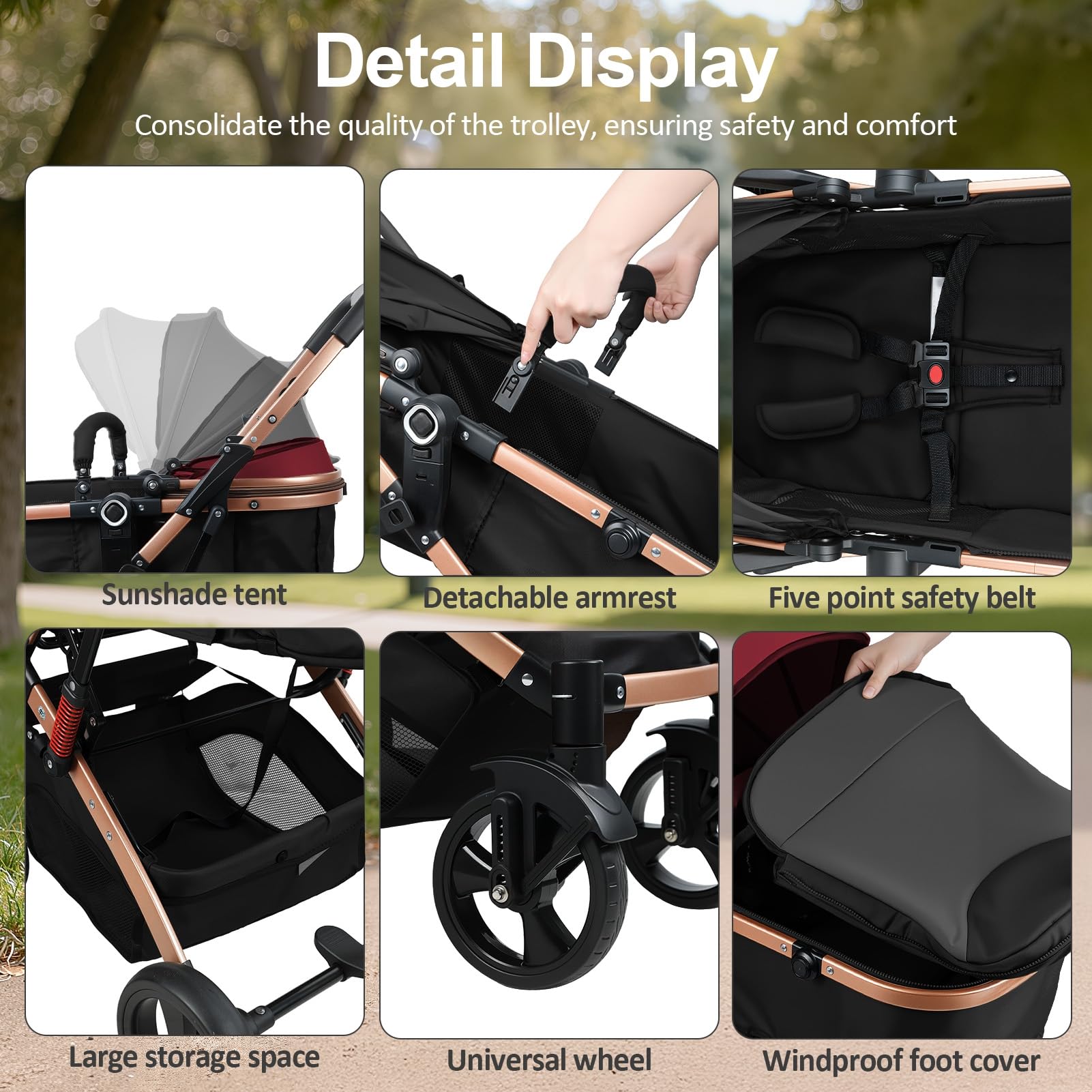 Poussette bébé 2 en 1 avec nacelle réversible, pliable à une main, naissance 0-36 mois, dossier réglable, capote ajustable, siège bébé haut, amortissement, harnais 5 points Vin rouge