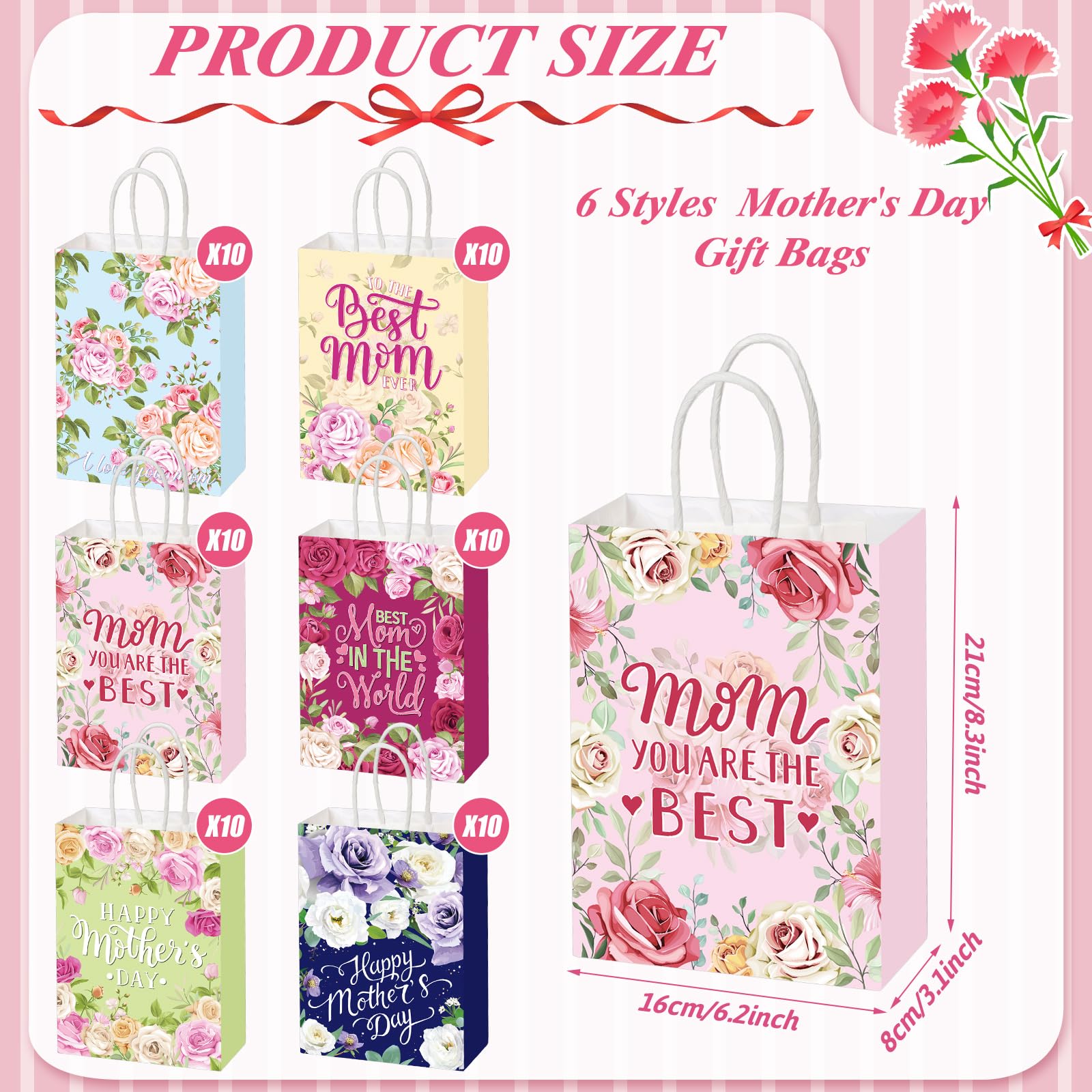 Motiskyy 30 Pcs Mother's Day Gift Bags Bulk with Handle Carnation Gift Bags for the Best Mom Paper Treat Wrap Favors Party Supplies(Best Mom)