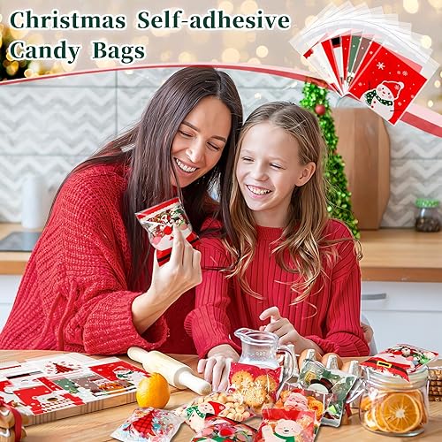 Miniatura 7 de FEBSNOW 450 bolsas autoadhesivas de celofán para dulces de Navidad, bolsas de galletas para Navidad, fiestas, regalos de decoración (9 patrones)
