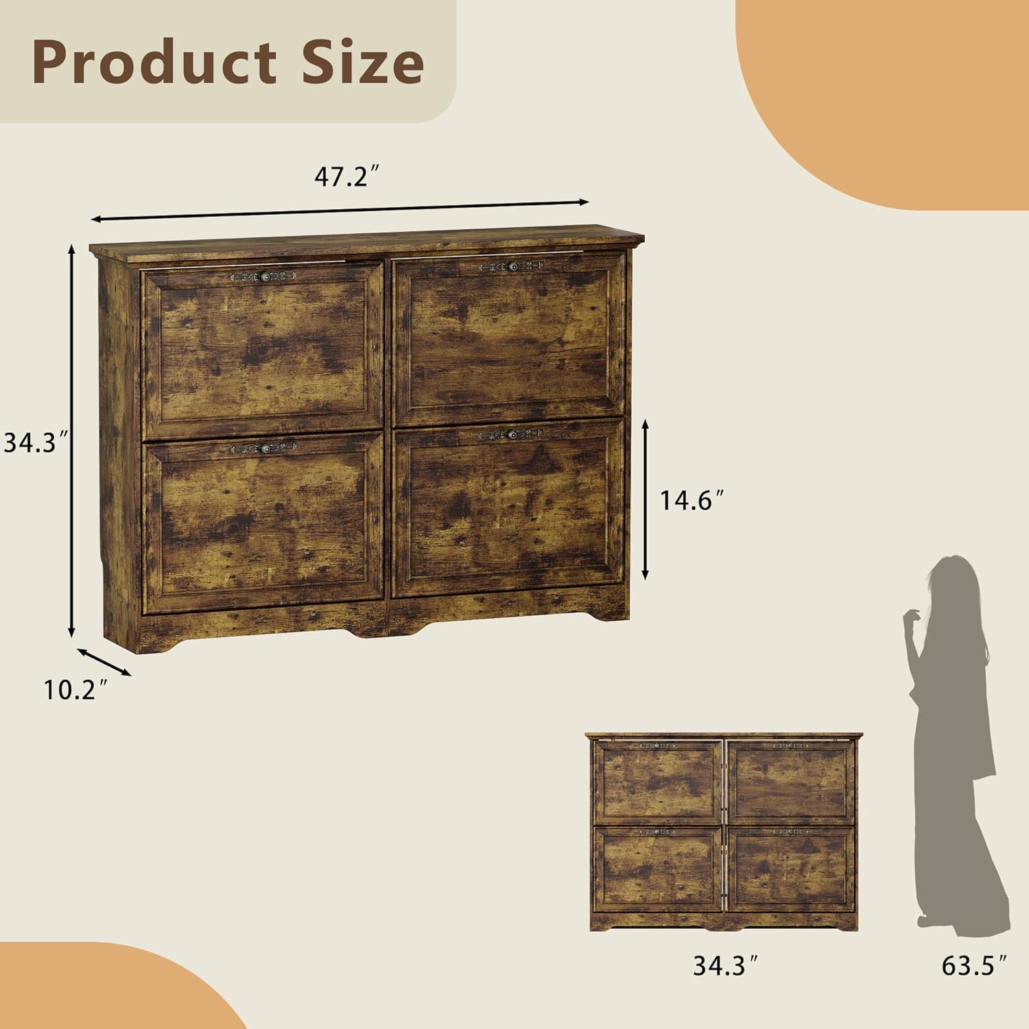 BORNOON Large Shoe Cabinet for Entryway, 4 Flip Drawer Organizer with Adjustable Shelves, Wooden Slim Shoe Storage Cabinet and Rack for Closet, Hallway, Foyer
