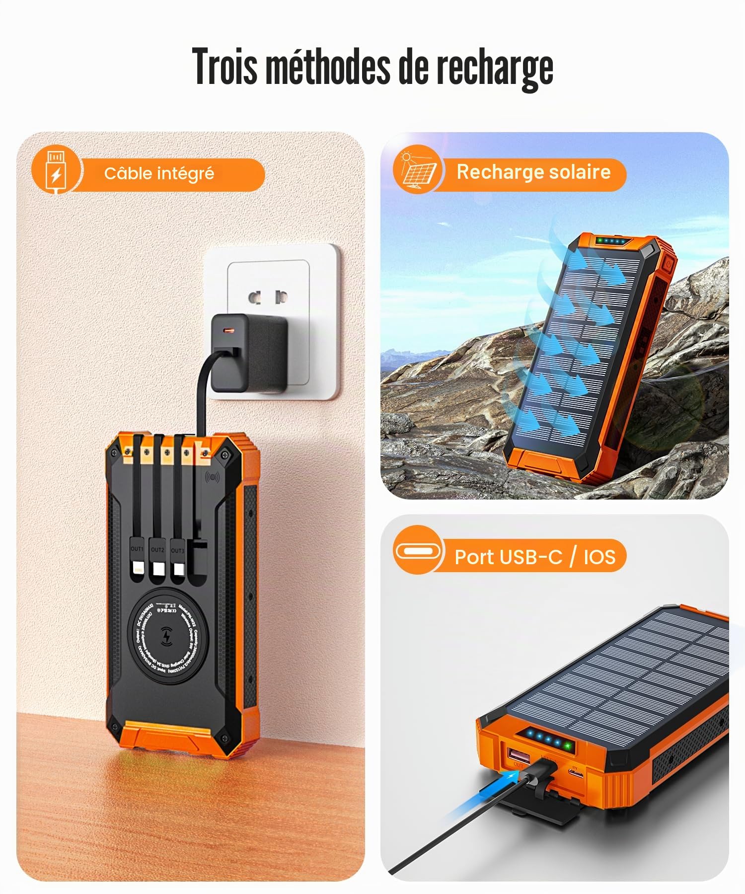 26800mAh Batterie Externe Solaire avec 4 Câbles, USB-C 15W Charge Rapide
